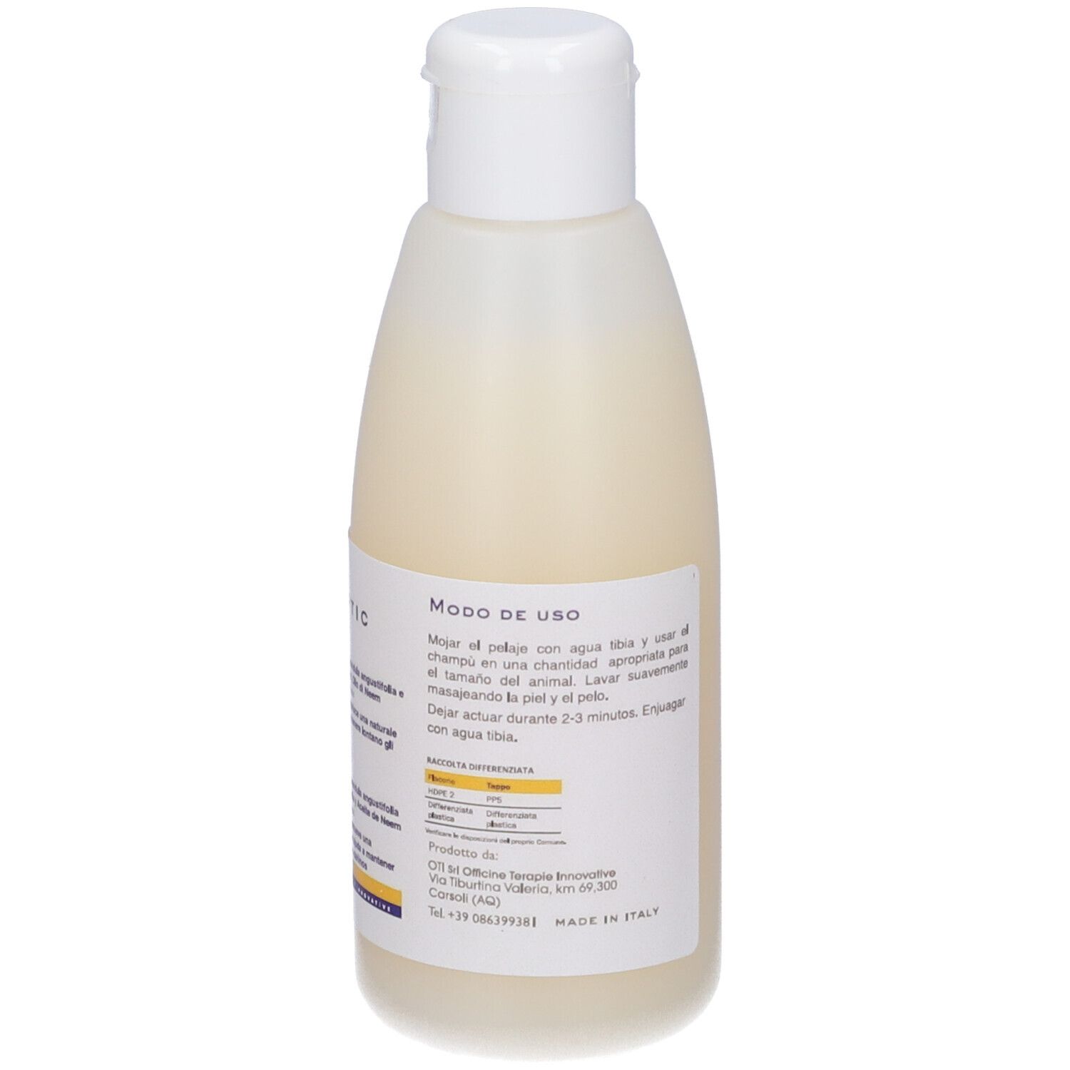 Retro del flacone di shampoo. Testo in italiano. Istruzioni per l'uso.
