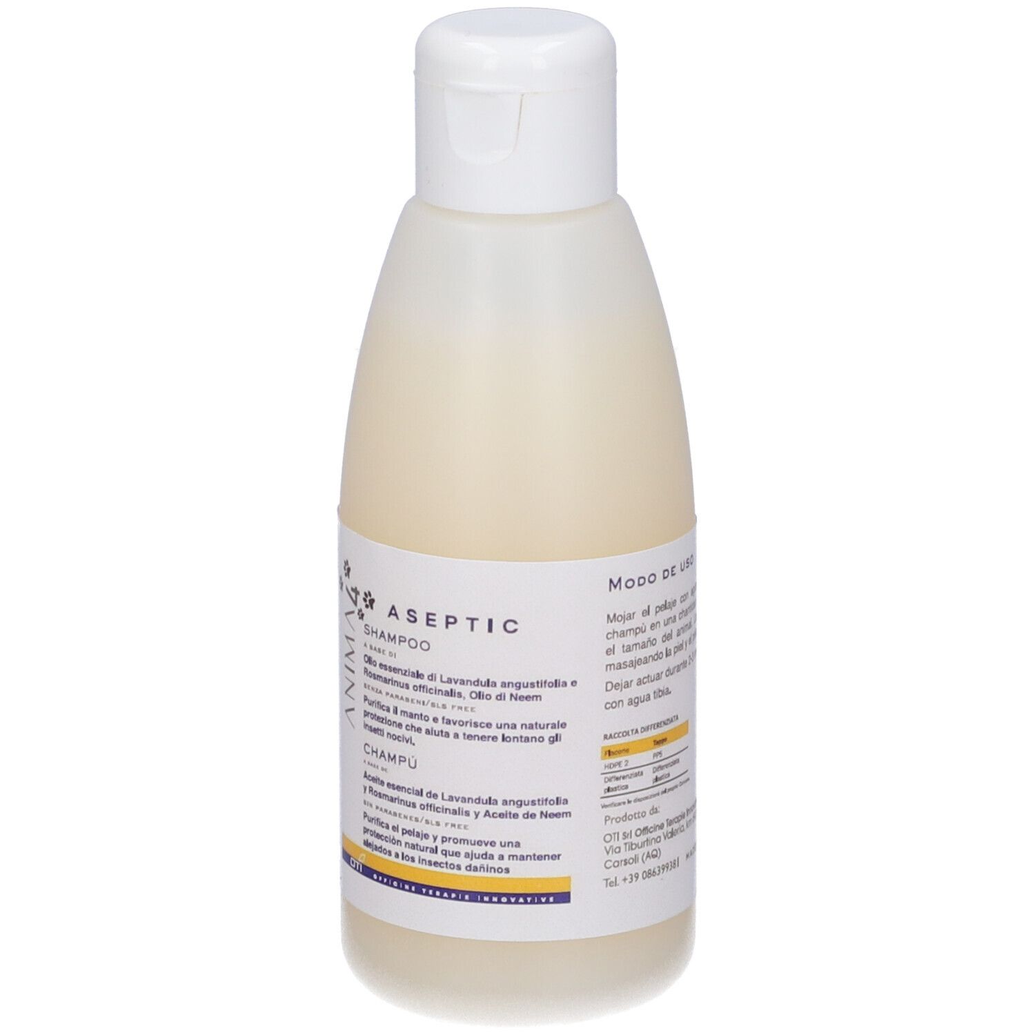 Shampoo asettico per animali. Flacone con tappo bianco. Informazioni prodotto in italiano.