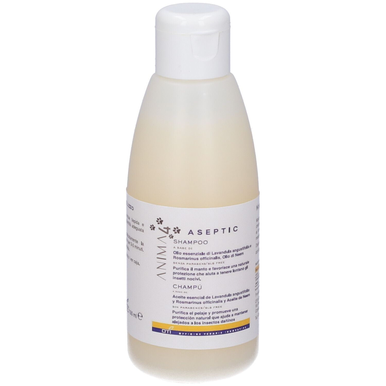 Shampoo asettico per animali. Flacone con tappo bianco. Informazioni prodotto in italiano.