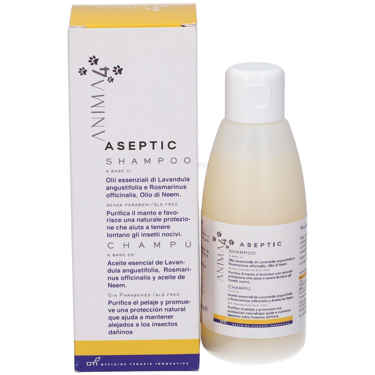 Shampoo asettico e confezione. Flacone e scatola. Informazioni prodotto in italiano.