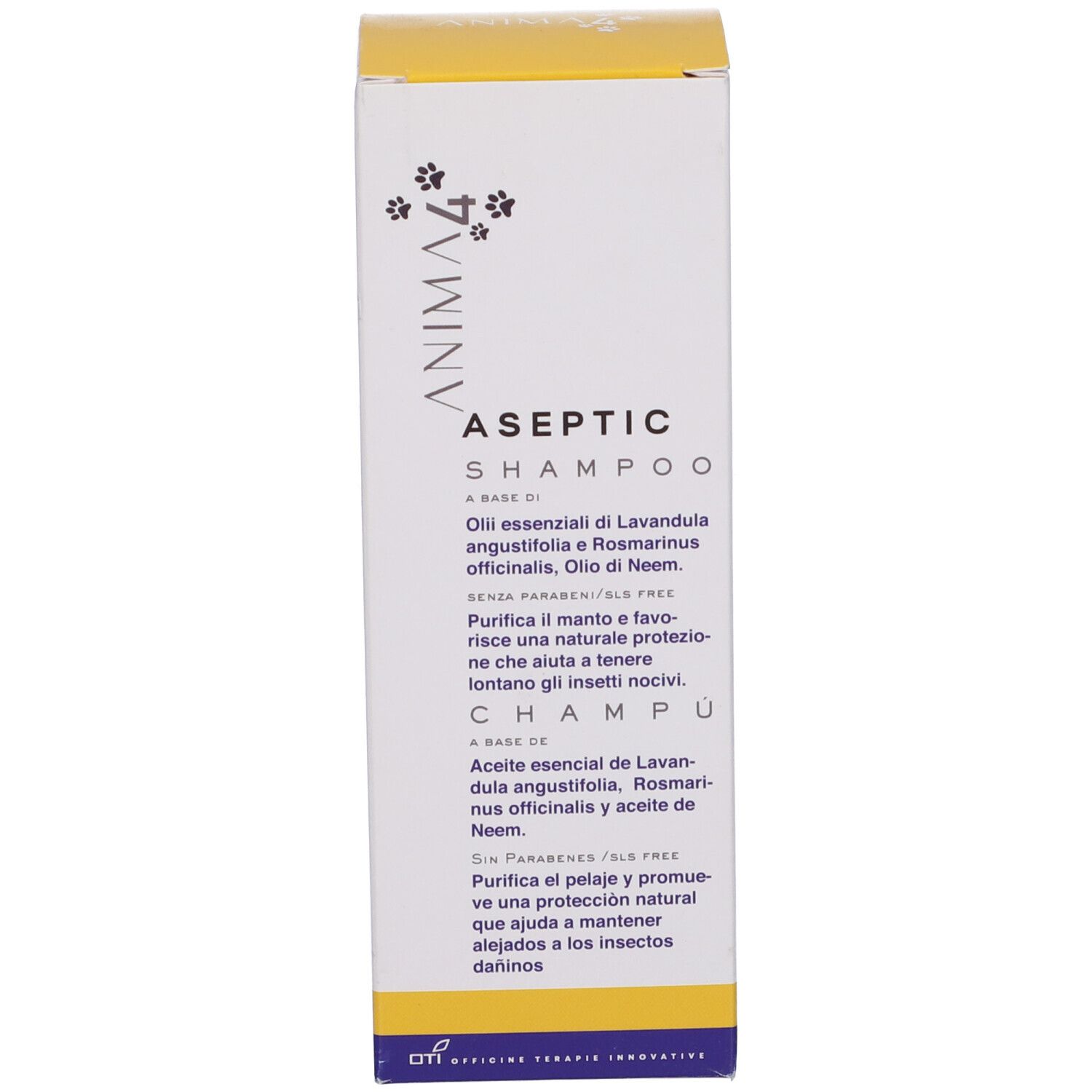 Confezione dello shampoo. Testo in italiano. Nome del prodotto e logo.