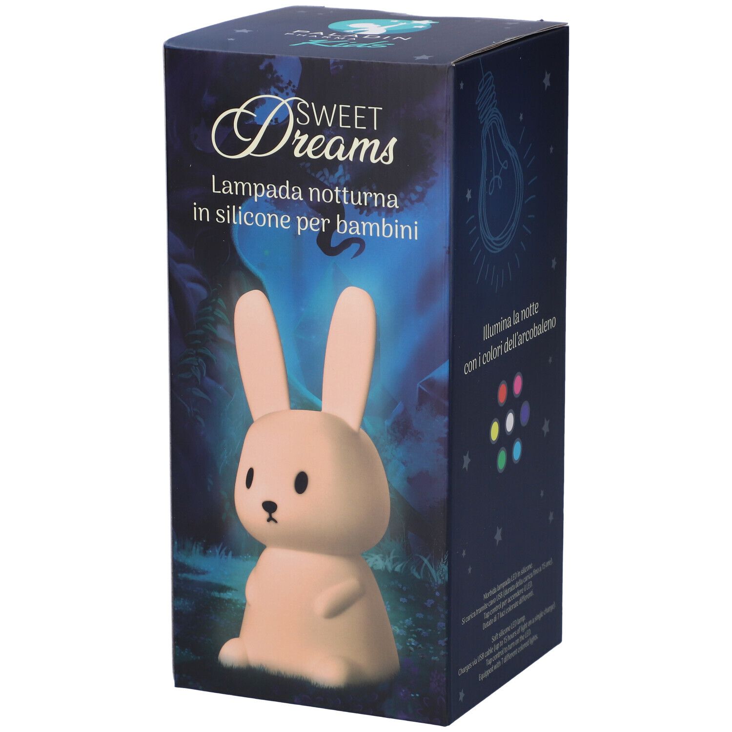 Confezione con luce notturna a forma di coniglio rosa. Testo: Sweet Dreams, Lampada notturna in silicone per bambini.