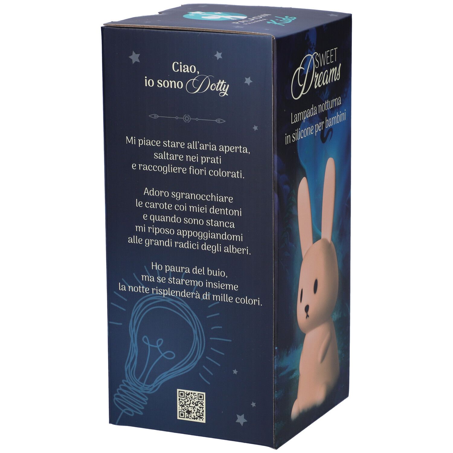 Retro della confezione con luce notturna a forma di coniglio rosa. Testo: Sweet Dreams, citazione, codice QR.