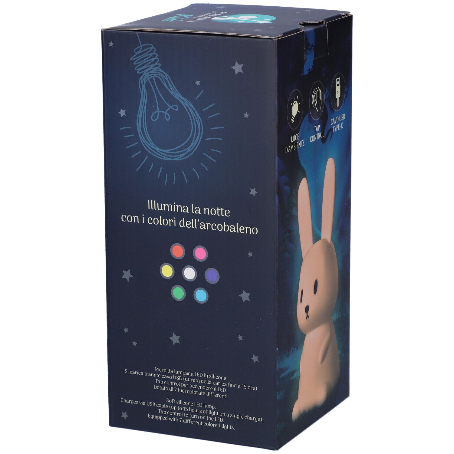 Confezione con luce notturna a forma di coniglio rosa. Testo: Illumina la notte con i colori dell'arcobaleno, lampada LED.