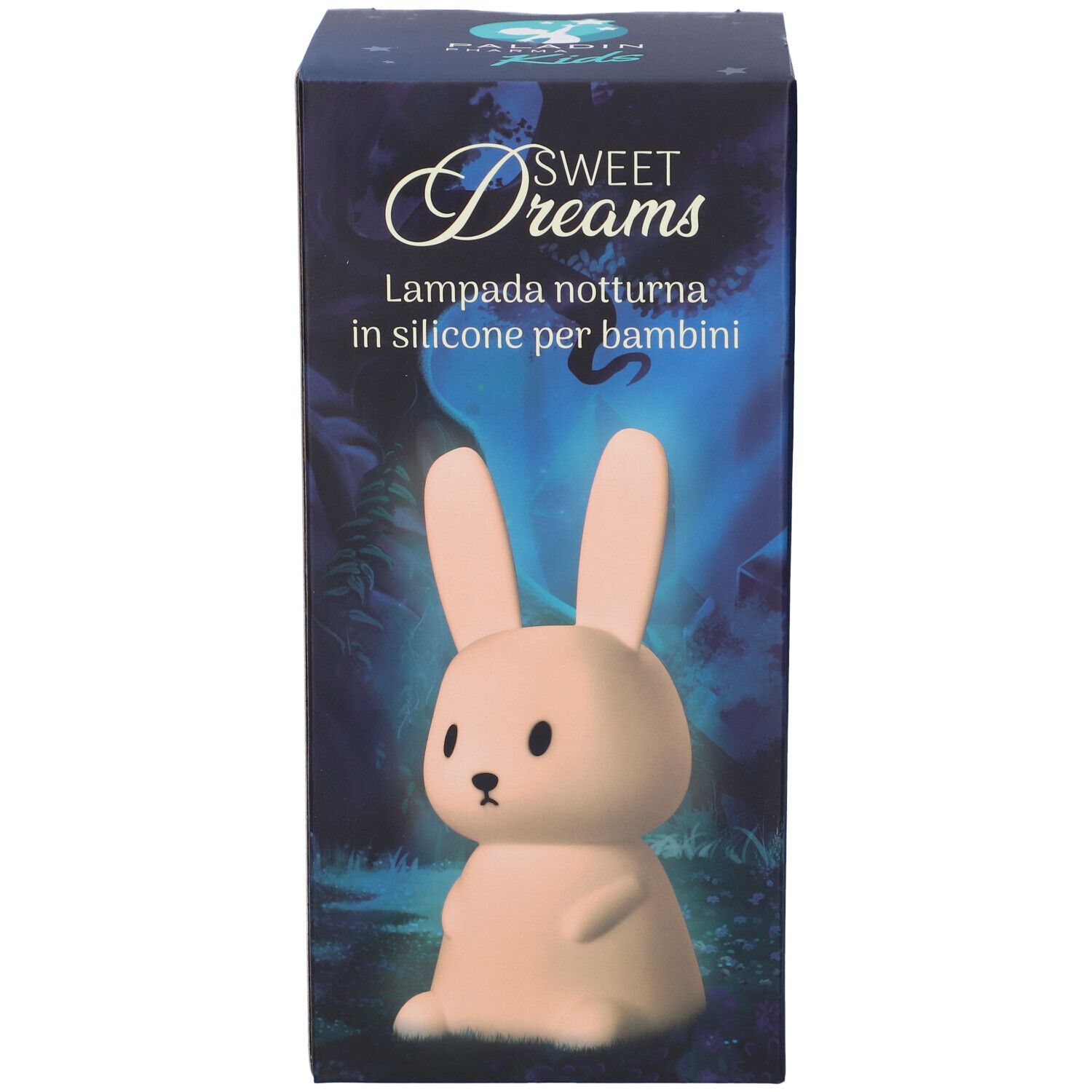 Confezione con luce notturna a forma di coniglio rosa. Testo: Sweet Dreams, Lampada notturna in silicone per bambini, Paladin Pharma.