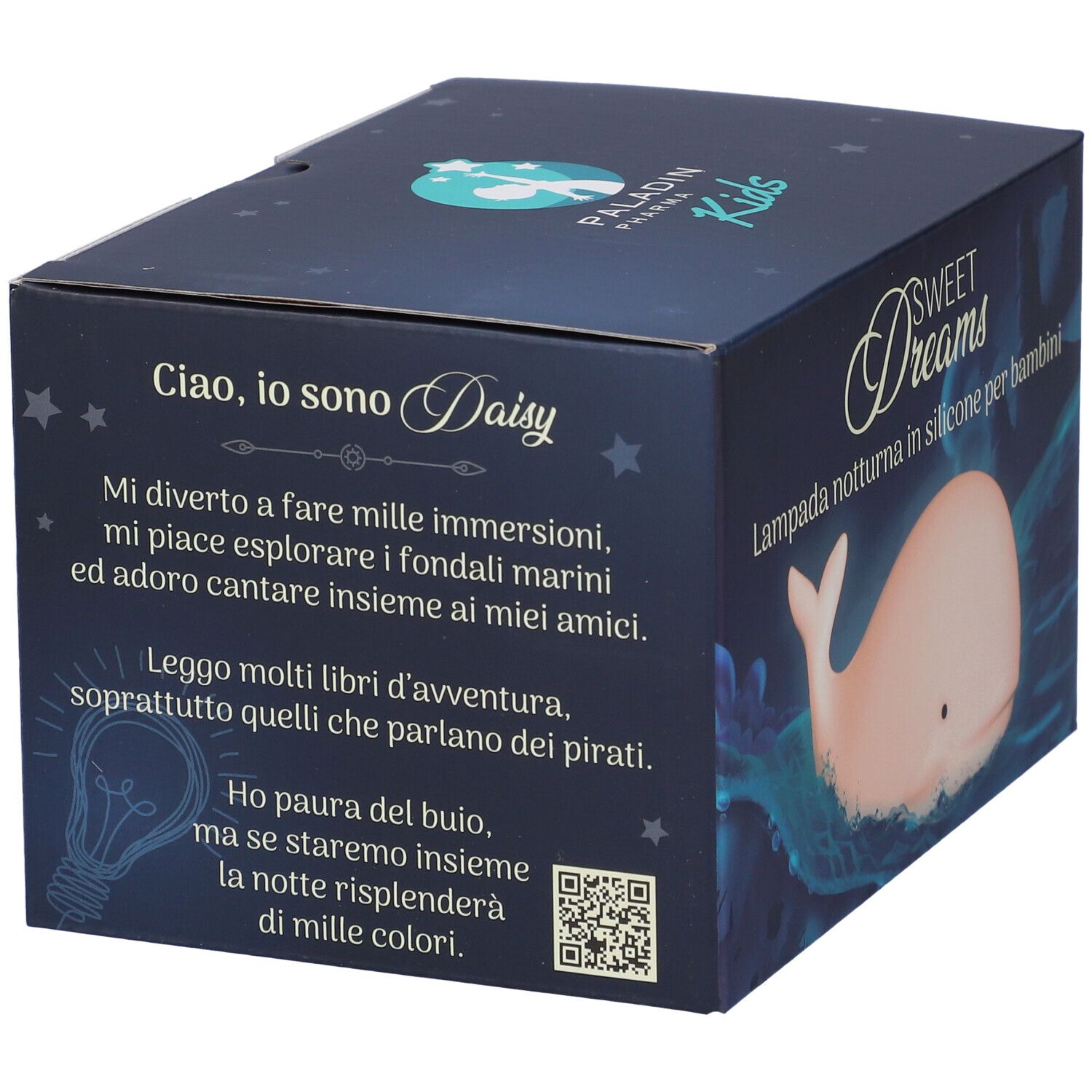 Confezione della lampada notturna Paladin Pharma Kids Sweet Dreams. Testo e illustrazioni sulla scatola, inclusa una lampada a balena.
