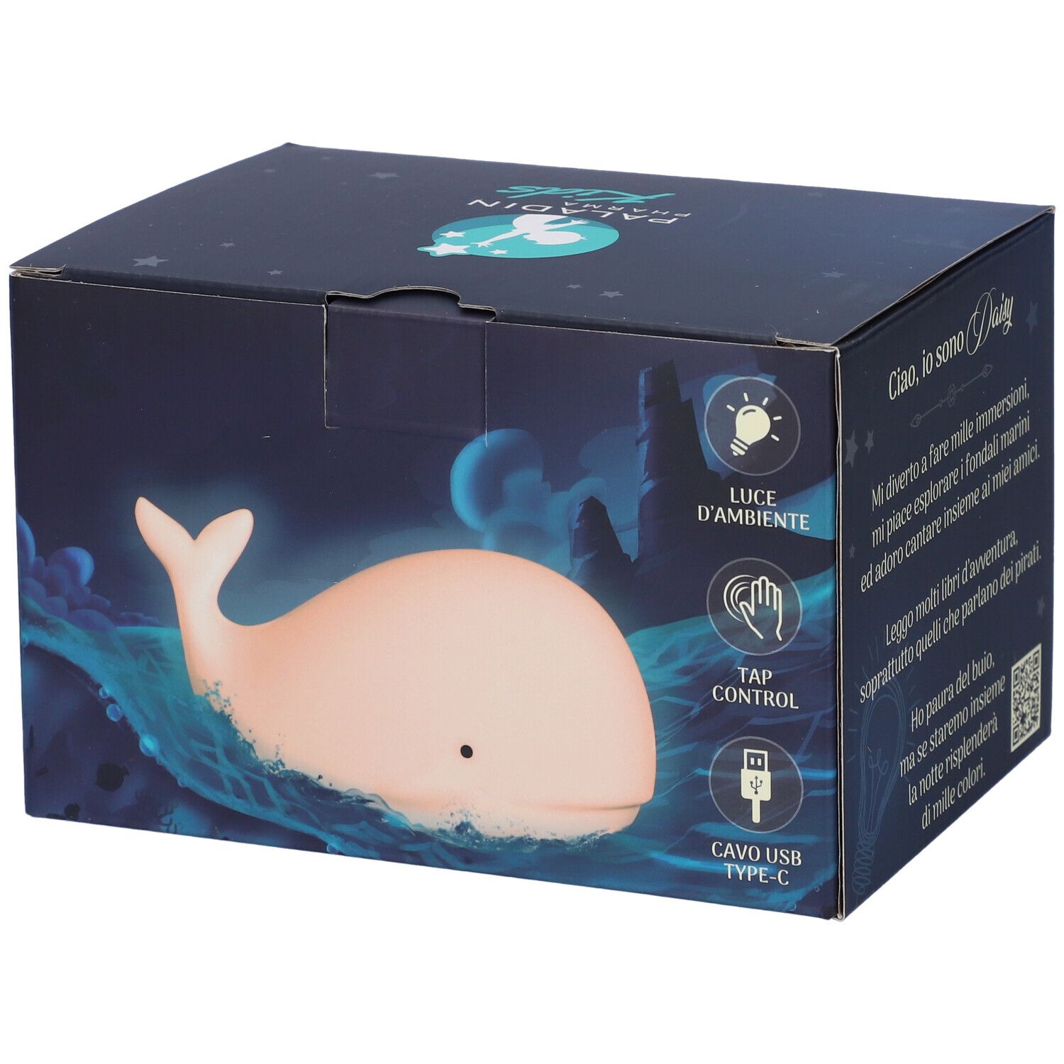 Confezione della lampada notturna Paladin Pharma Kids Sweet Dreams. La scatola mostra una lampada a balena, simboli e testo in italiano.