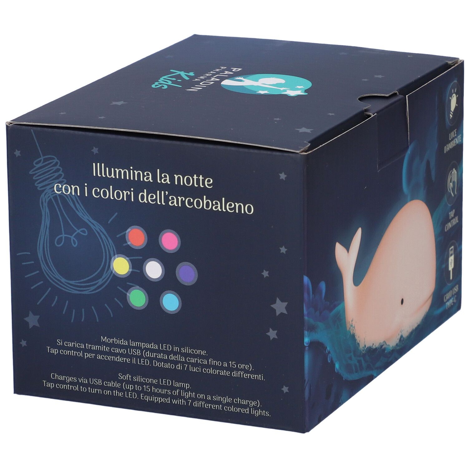 Confezione della lampada notturna Paladin Pharma Kids Sweet Dreams. La scatola mostra una lampada a balena, opzioni di luce colorata e testo in italiano.