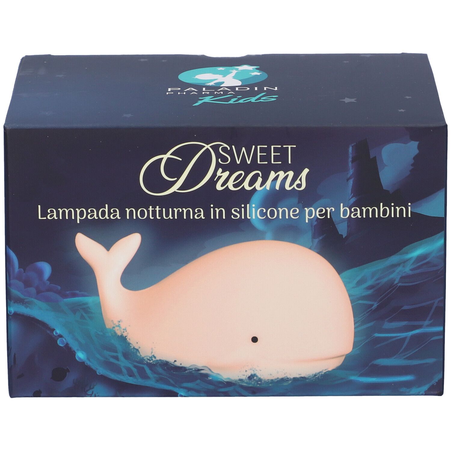 Confezione della lampada notturna Paladin Pharma Kids Sweet Dreams. La scatola mostra una lampada a balena e testo in italiano.