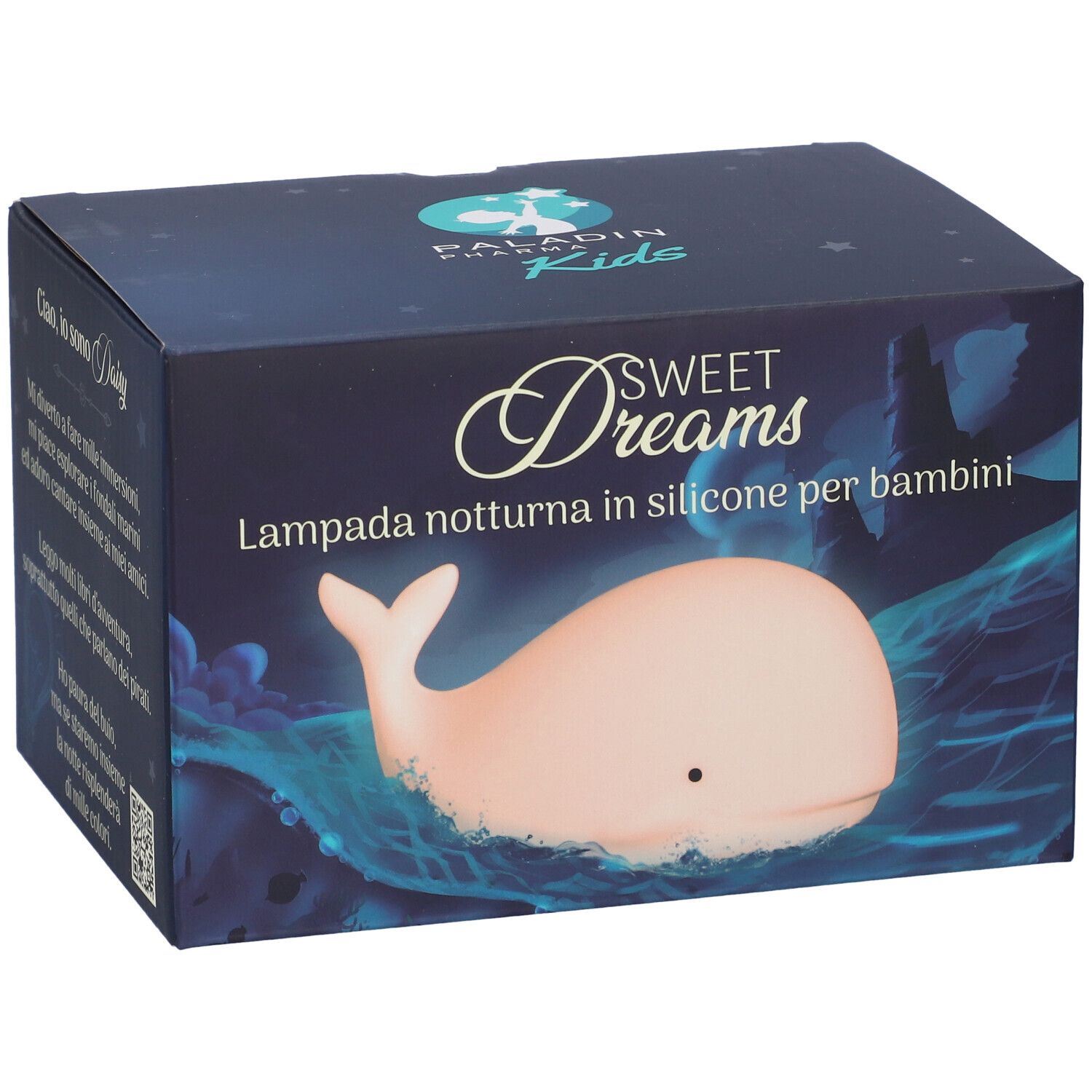 Confezione della lampada notturna Paladin Pharma Kids Sweet Dreams. La scatola mostra una lampada a balena e testo in italiano.