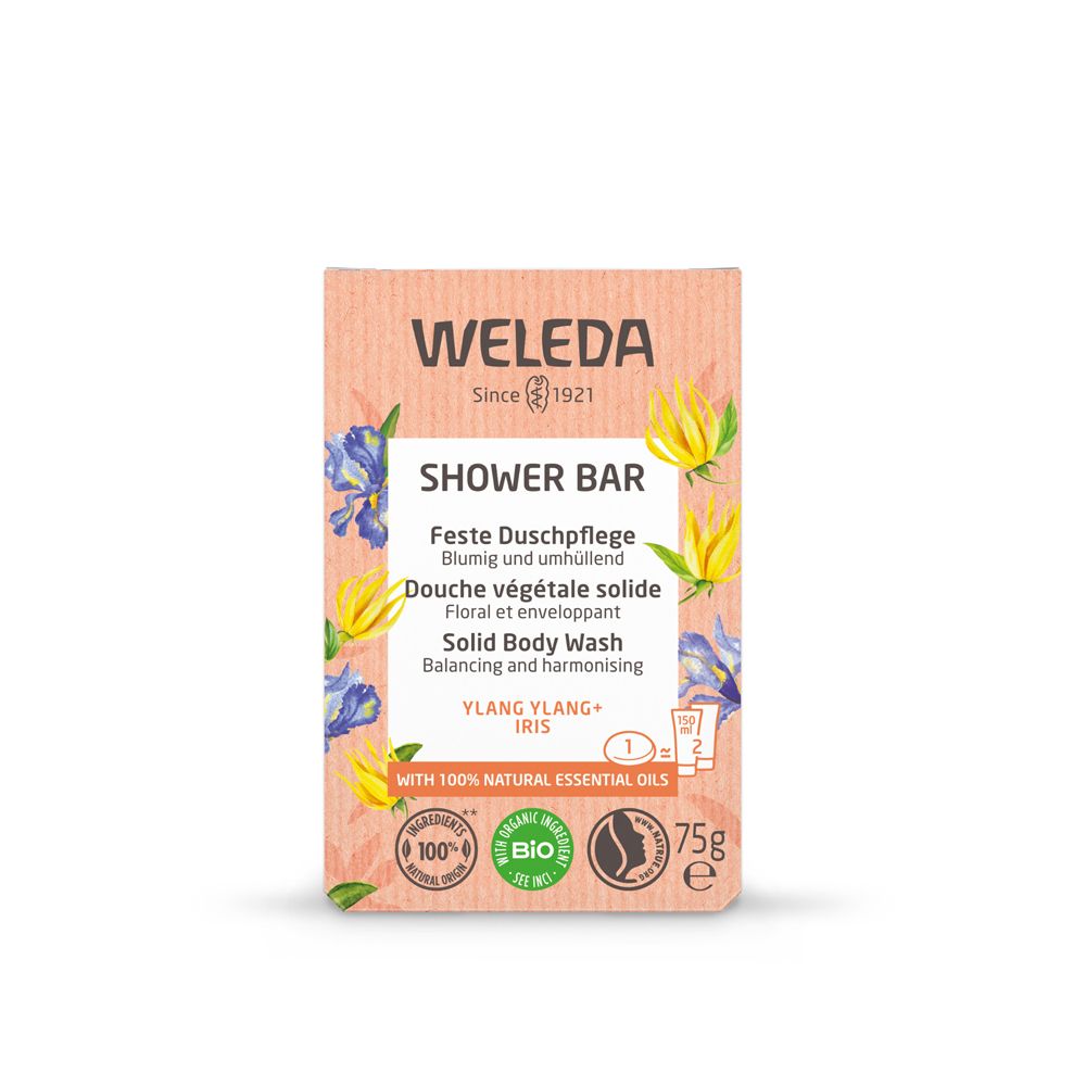 Scatola con nome prodotto, fiori e loghi. Contiene 75g. Con oli essenziali naturali al 100%.