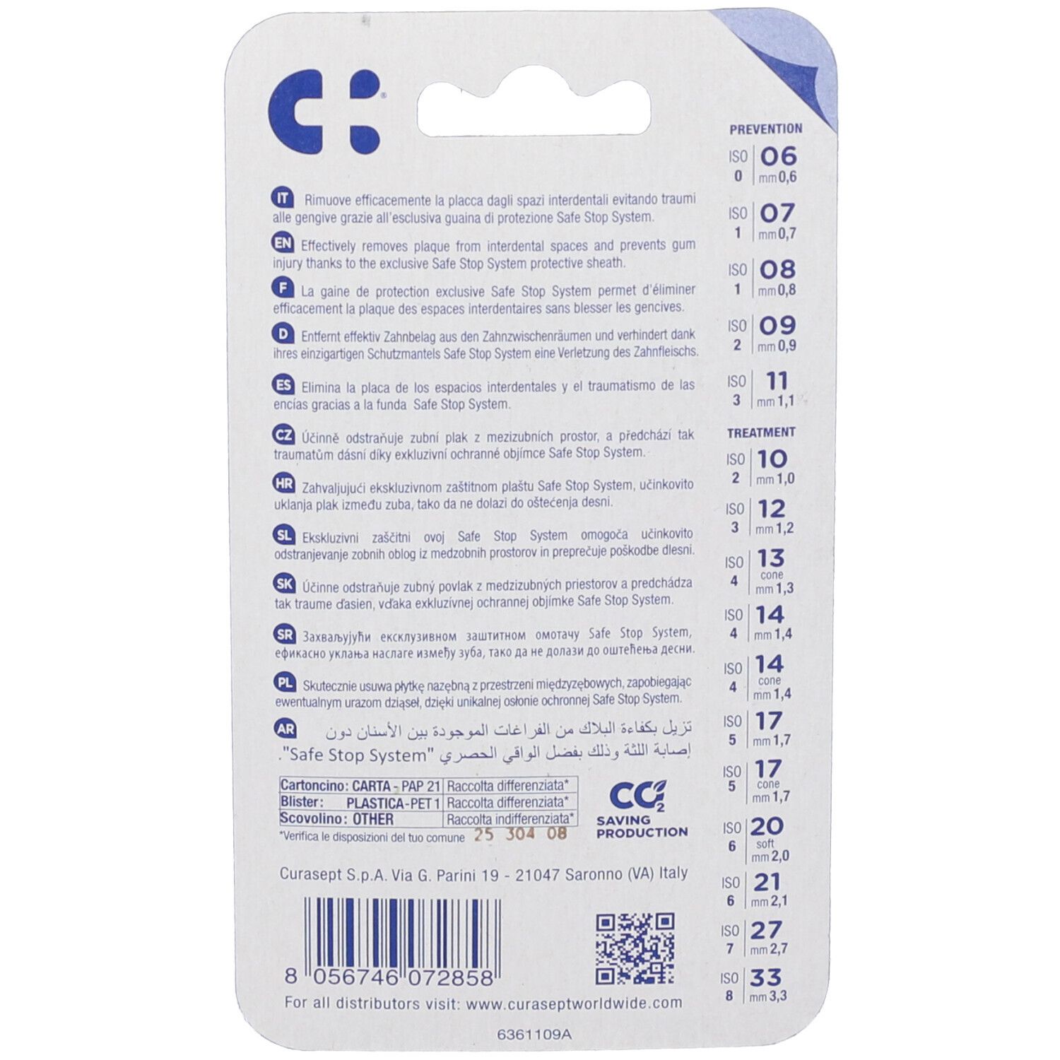Confezione Curasept Safe Stop System con indicazioni di misura.