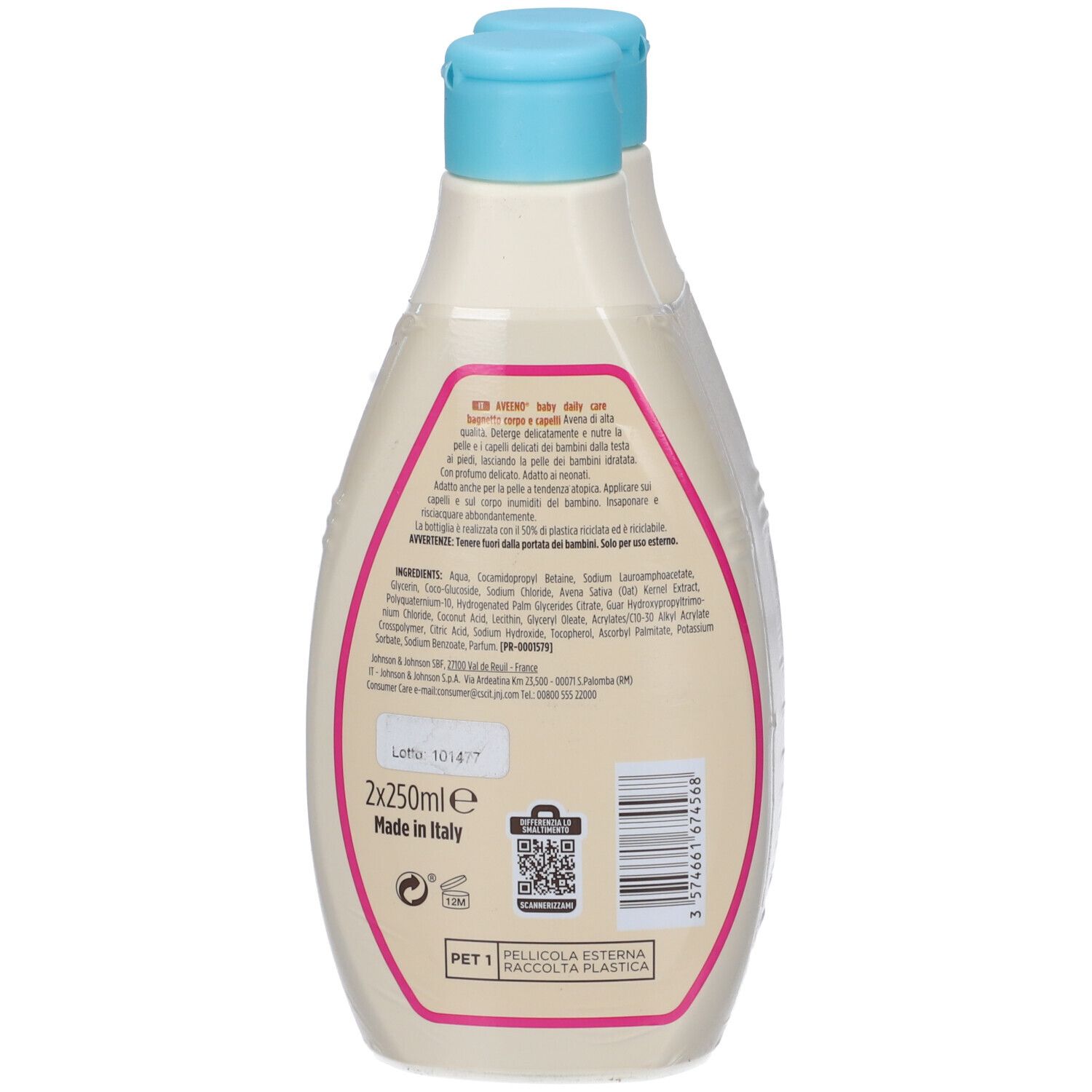 Retro di due flaconi Aveeno Baby Bagnetto. Etichetta beige con testo, ingredienti e codice QR.