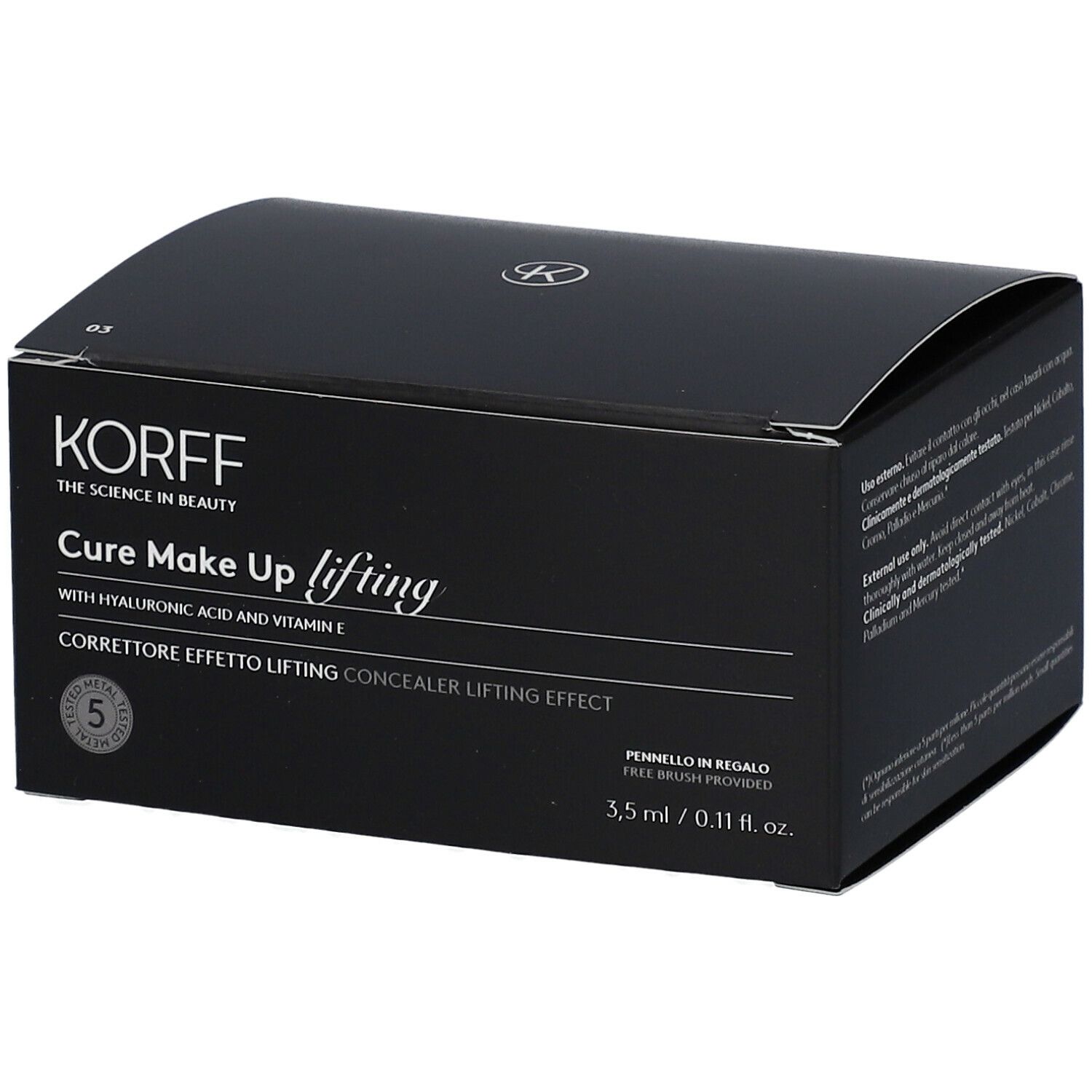 Confezione nera con informazioni sul prodotto. Scritta: KORFF Cure Make Up lifting, Correttore Effetto Lifting.