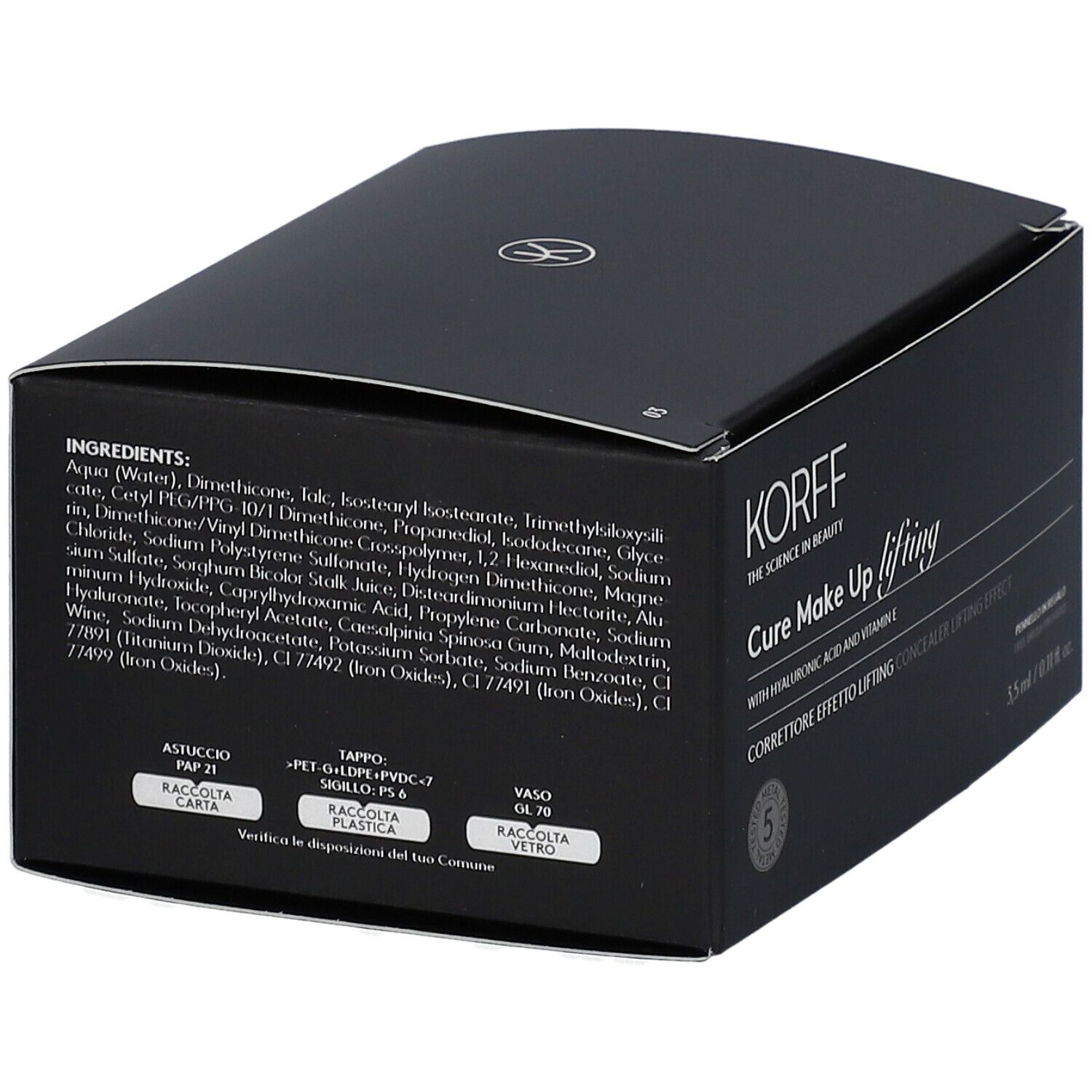 Confezione nera con ingredienti e informazioni sul riciclo. Scritta: KORFF Cure Make Up lifting.