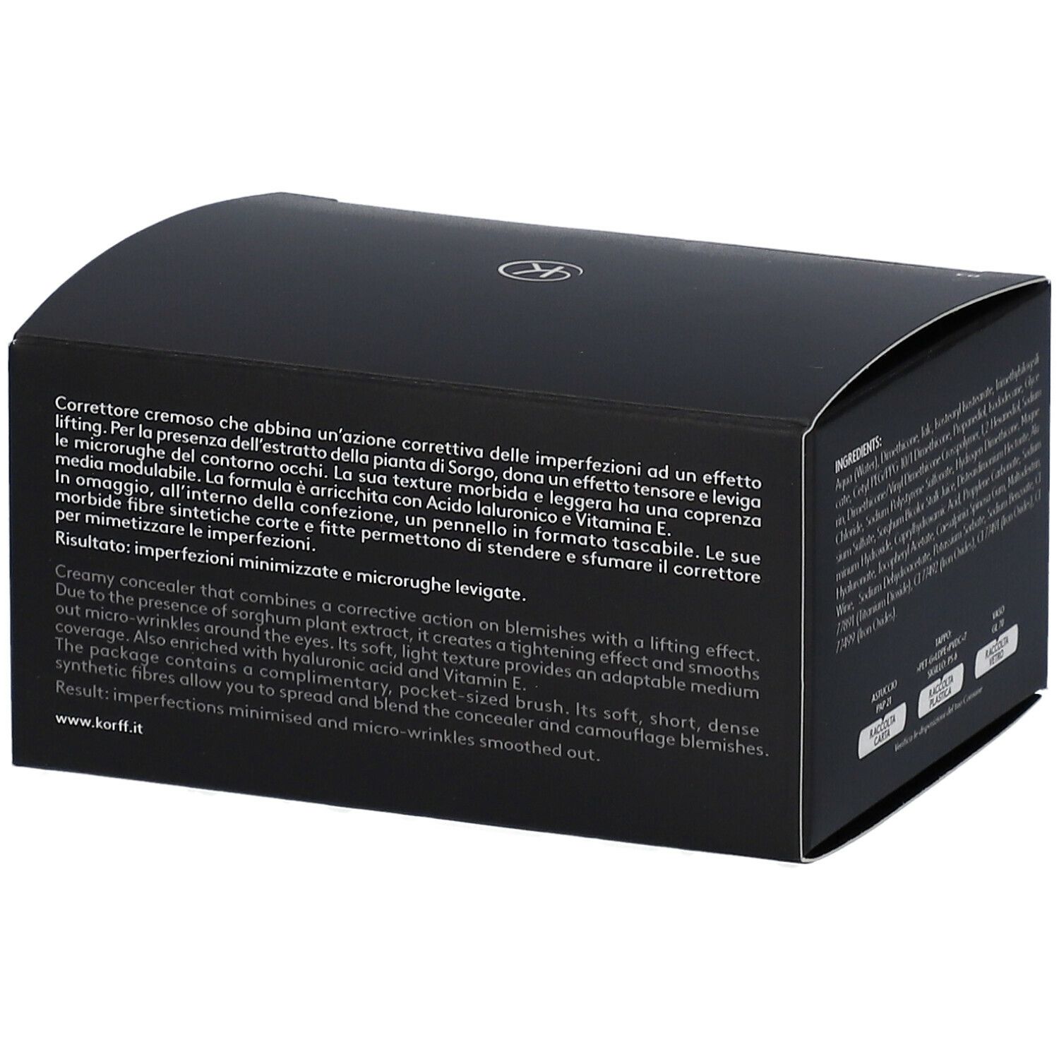 Confezione nera con descrizione del prodotto. Scritta: KORFF Cure Make Up lifting, Correttore Effetto Lifting.