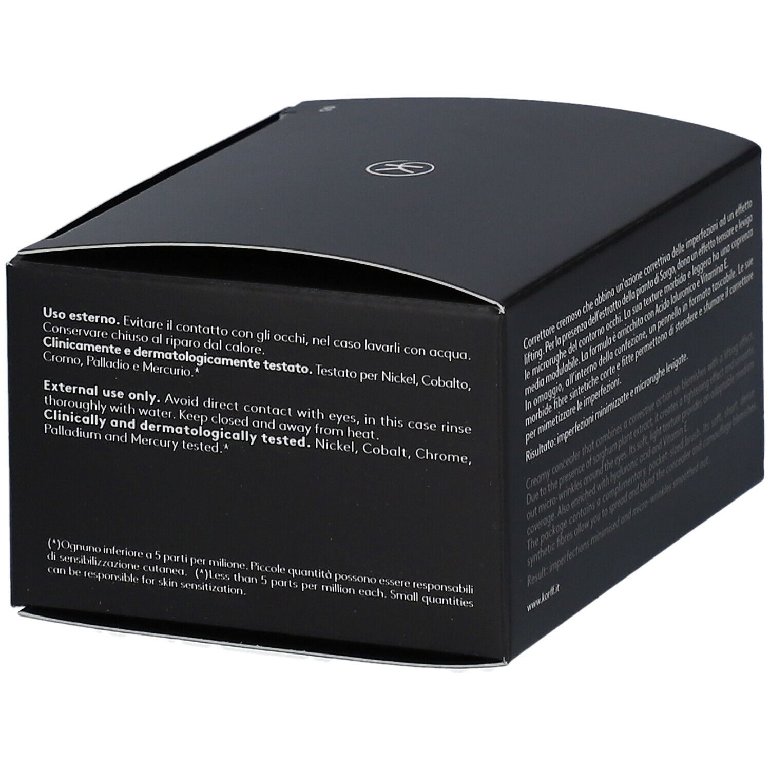 Confezione nera con istruzioni per l'uso. Scritta: KORFF Cure Make Up lifting, Correttore Effetto Lifting.