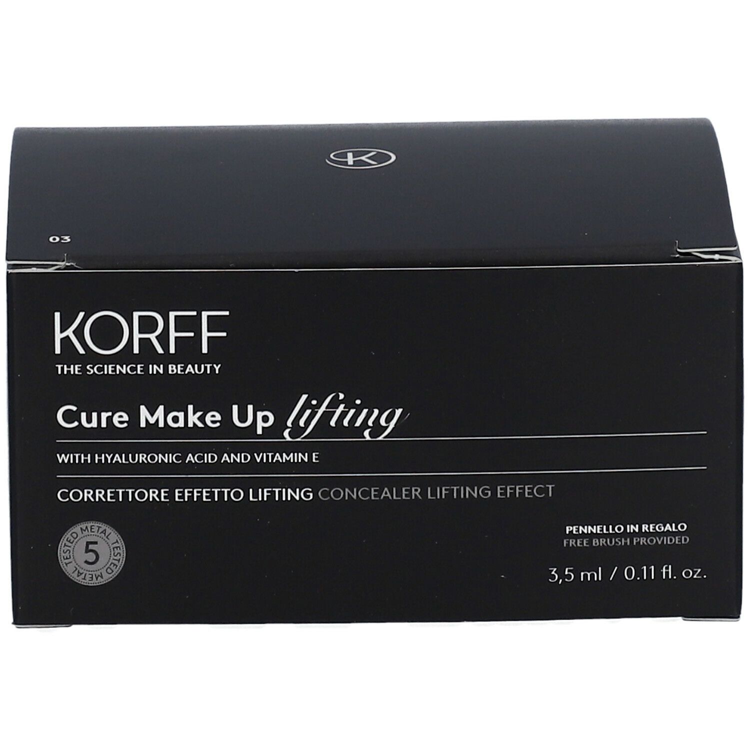 Confezione nera con informazioni sul prodotto. Scritta: KORFF Cure Make Up lifting, Correttore Effetto Lifting.