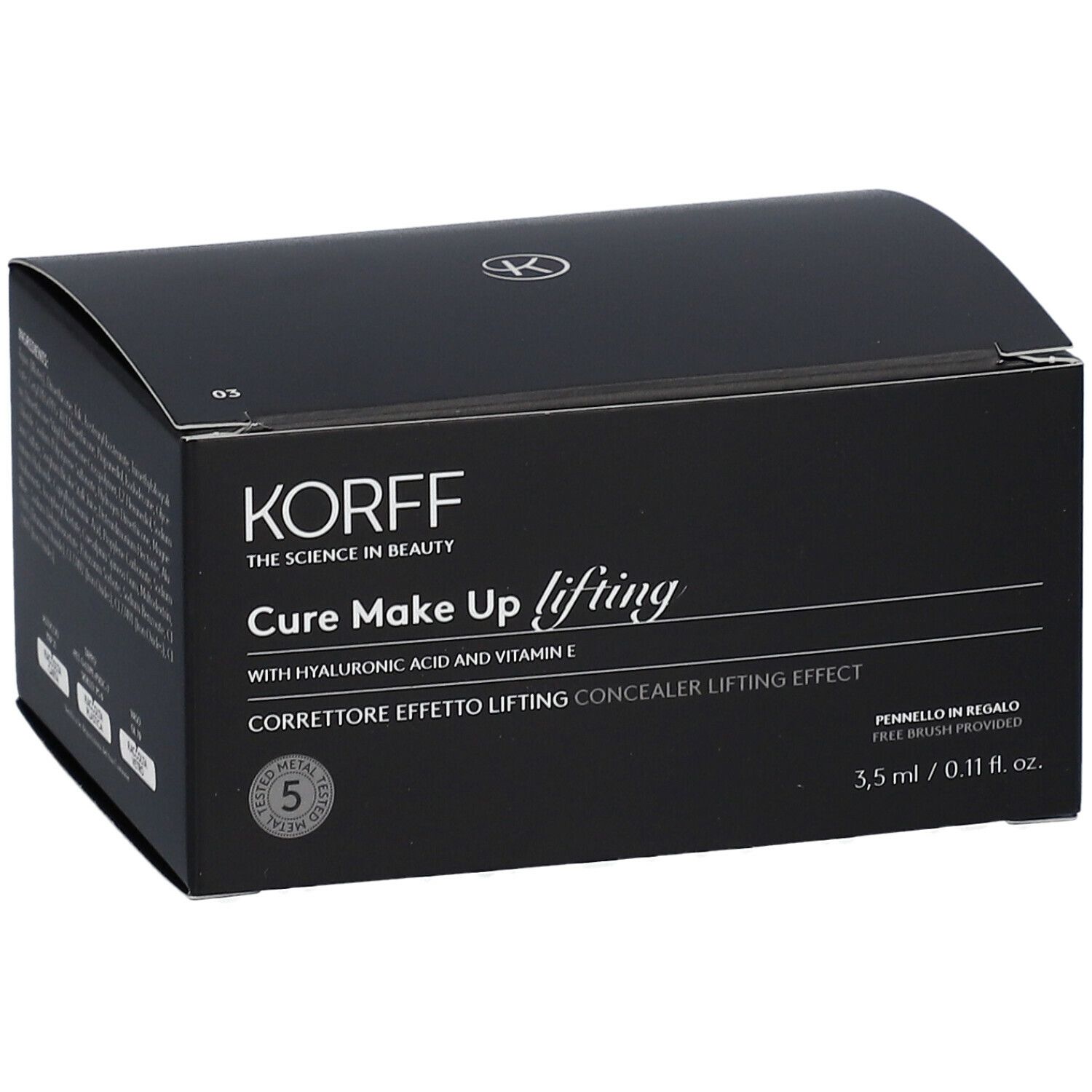 Confezione nera con informazioni sul prodotto. Scritta: KORFF Cure Make Up lifting, Correttore Effetto Lifting.