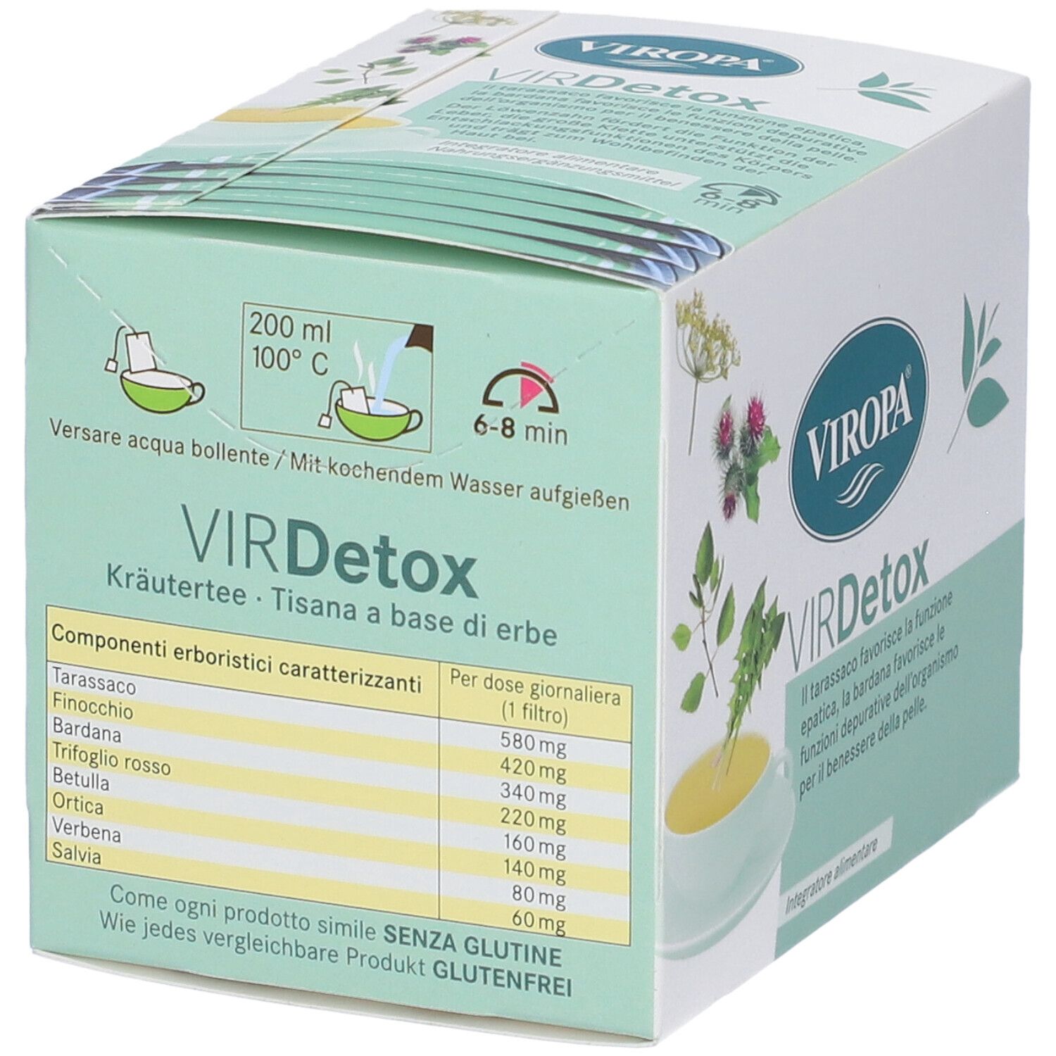 Confezione di tè alle erbe Viropa VIRDetox. Elenco ingredienti e istruzioni per la preparazione. Senza glutine.