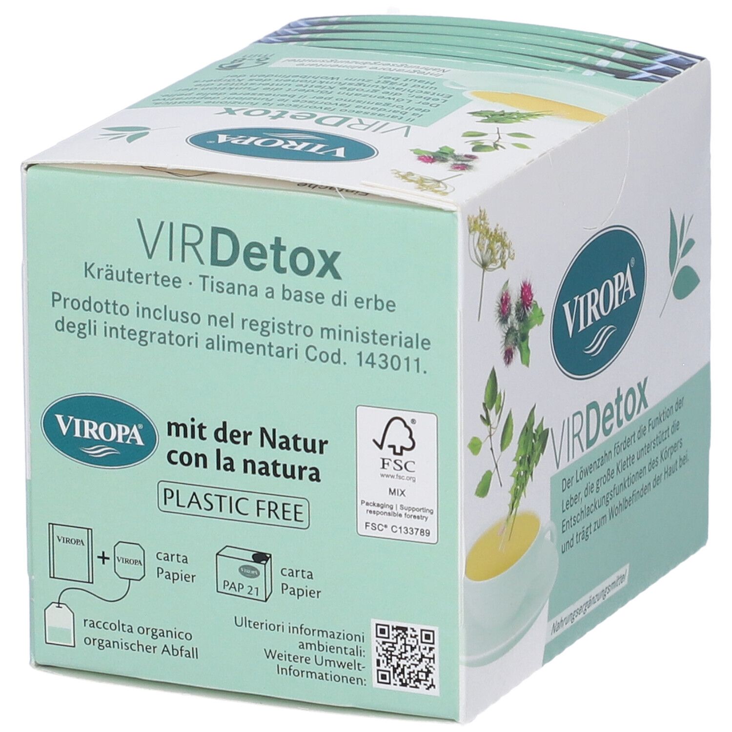 Confezione di tè alle erbe Viropa VIRDetox. Certificazione FSC. Senza plastica. Informazioni ambientali.