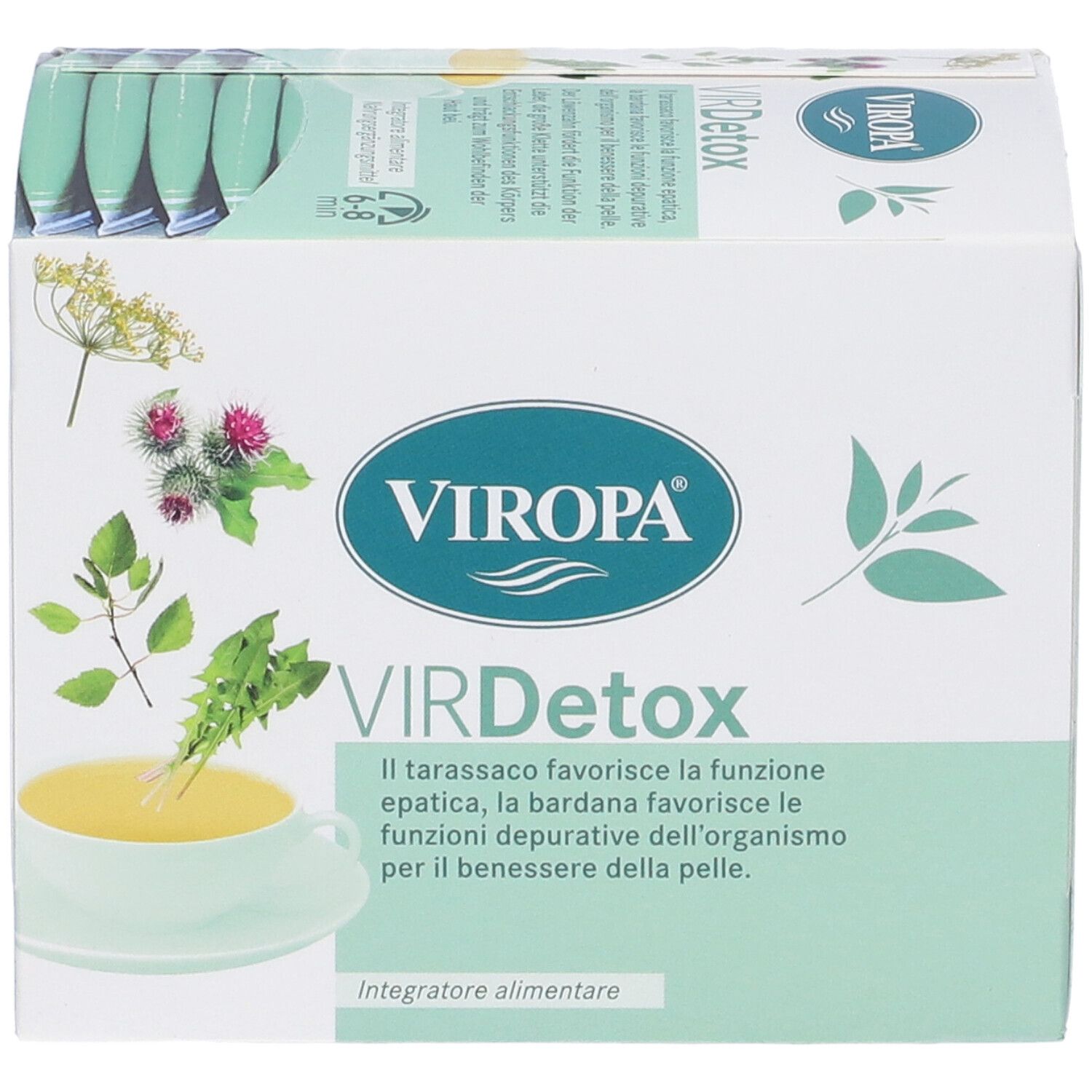 Confezione di tè alle erbe Viropa VIRDetox. Logo e testo. Integratore alimentare.