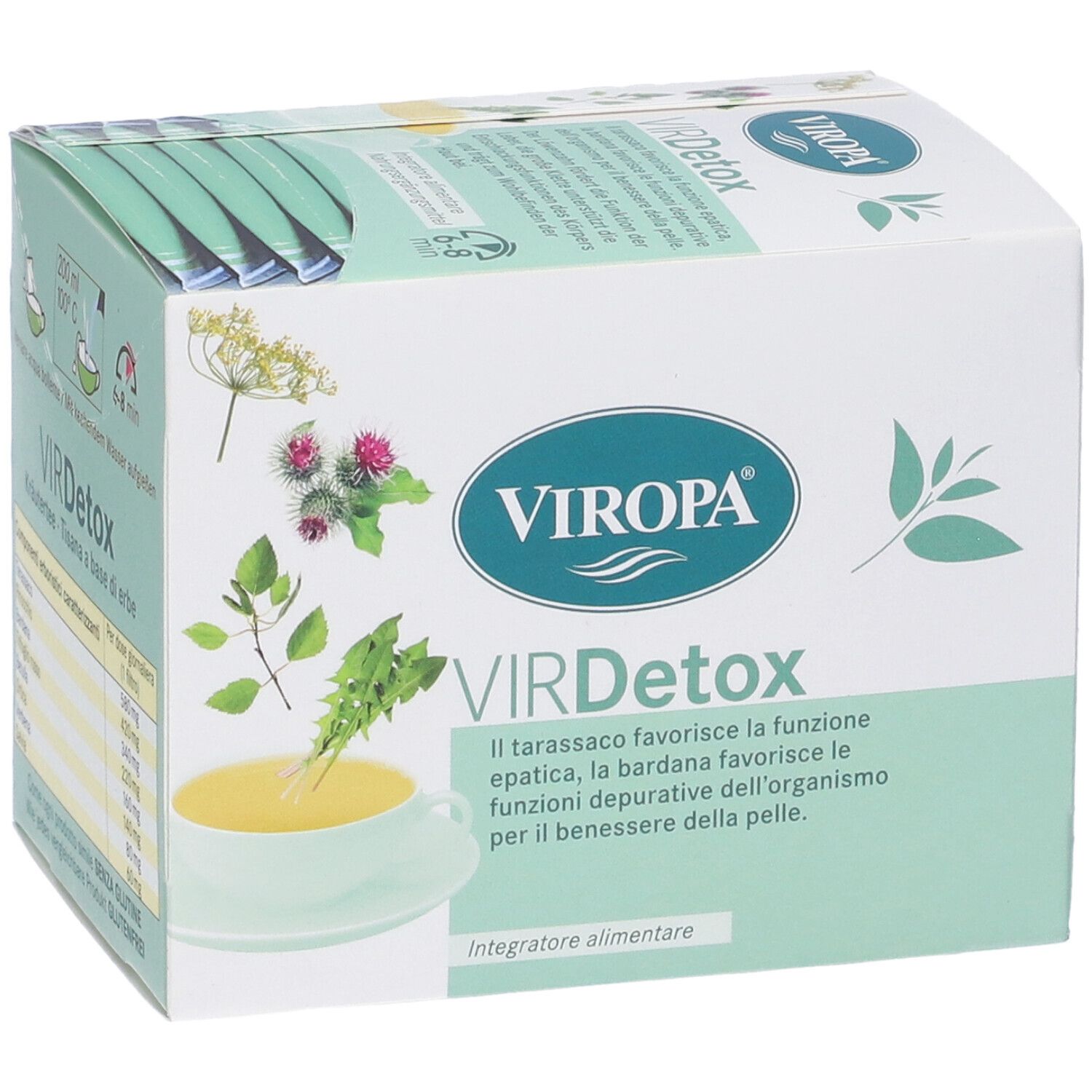Confezione di tè alle erbe Viropa VIRDetox. Logo e testo. Integratore alimentare.