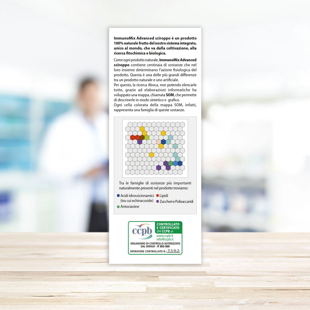 Bottiglia marrone con tappo bianco. Etichetta con informazioni sul prodotto. Logo: ImmunoMix Advanced. 210g.