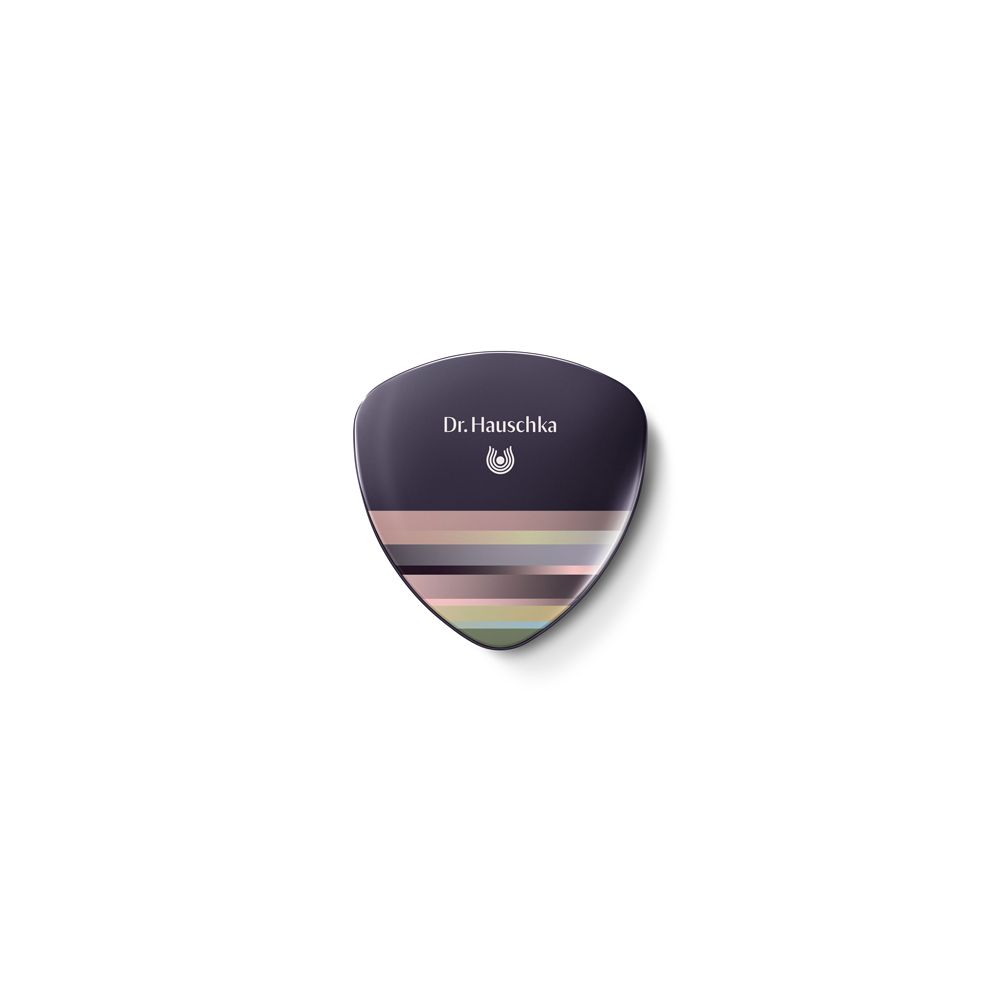 Palette trucco triangolare chiusa. Custodia nera con strisce colorate e logo.