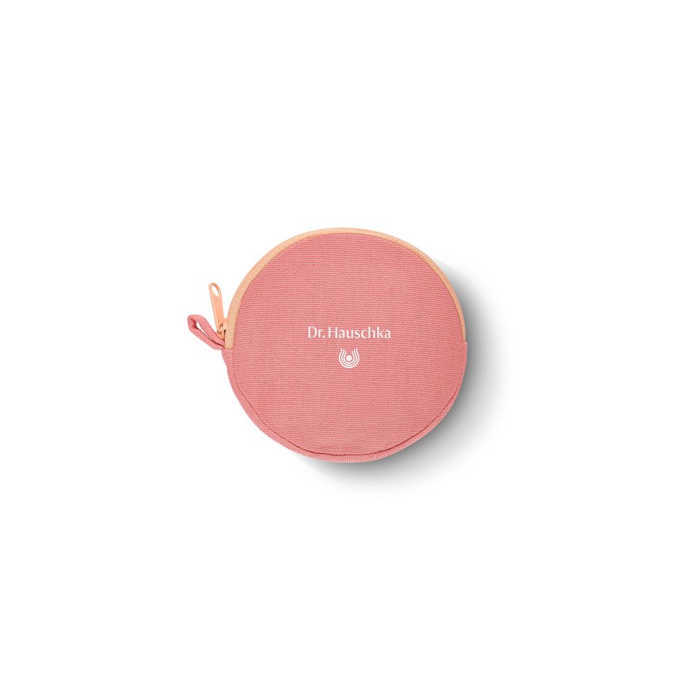 Pochette cosmetica rotonda rosa con cerniera. Logo sul davanti.