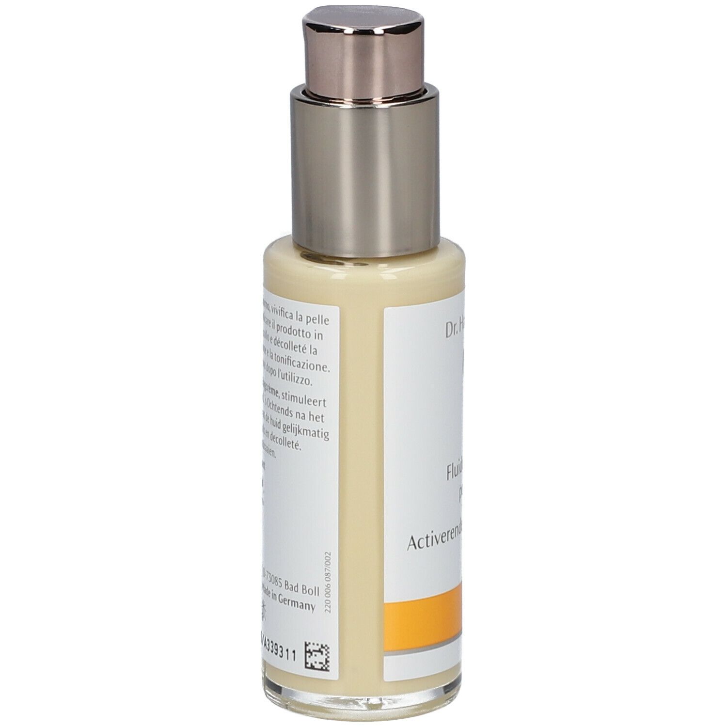 Retro del flacone beige con erogatore argentato. Testo: Dr. Hauschka, Fluido attivante per il giorno, Activerende Vloeibare Dagcrème.