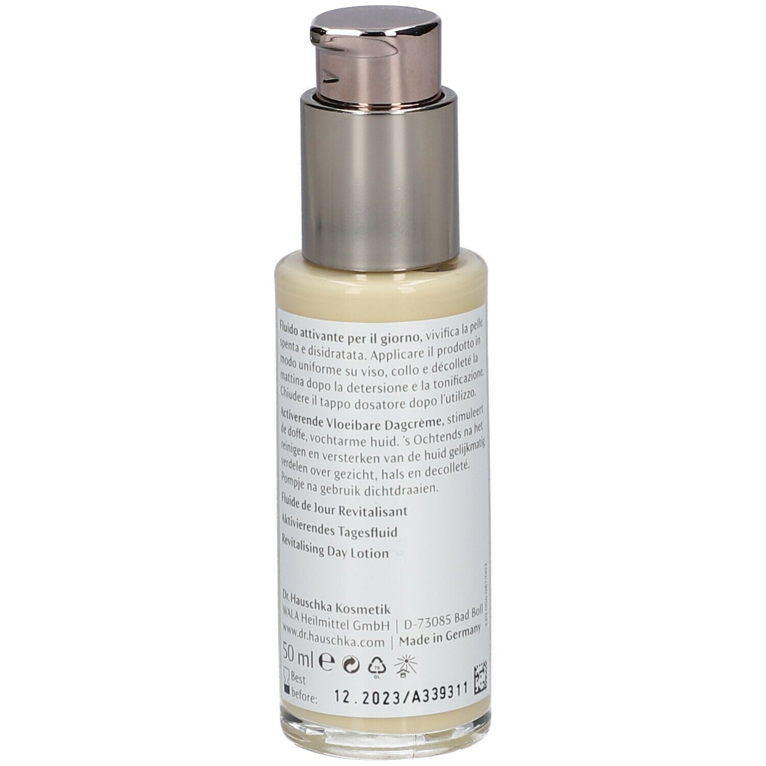 Retro del flacone con testo. Scritta: Dr. Hauschka, Fluido attivante per il giorno, Activerende Vloeibare Dagcrème, 50 ml.