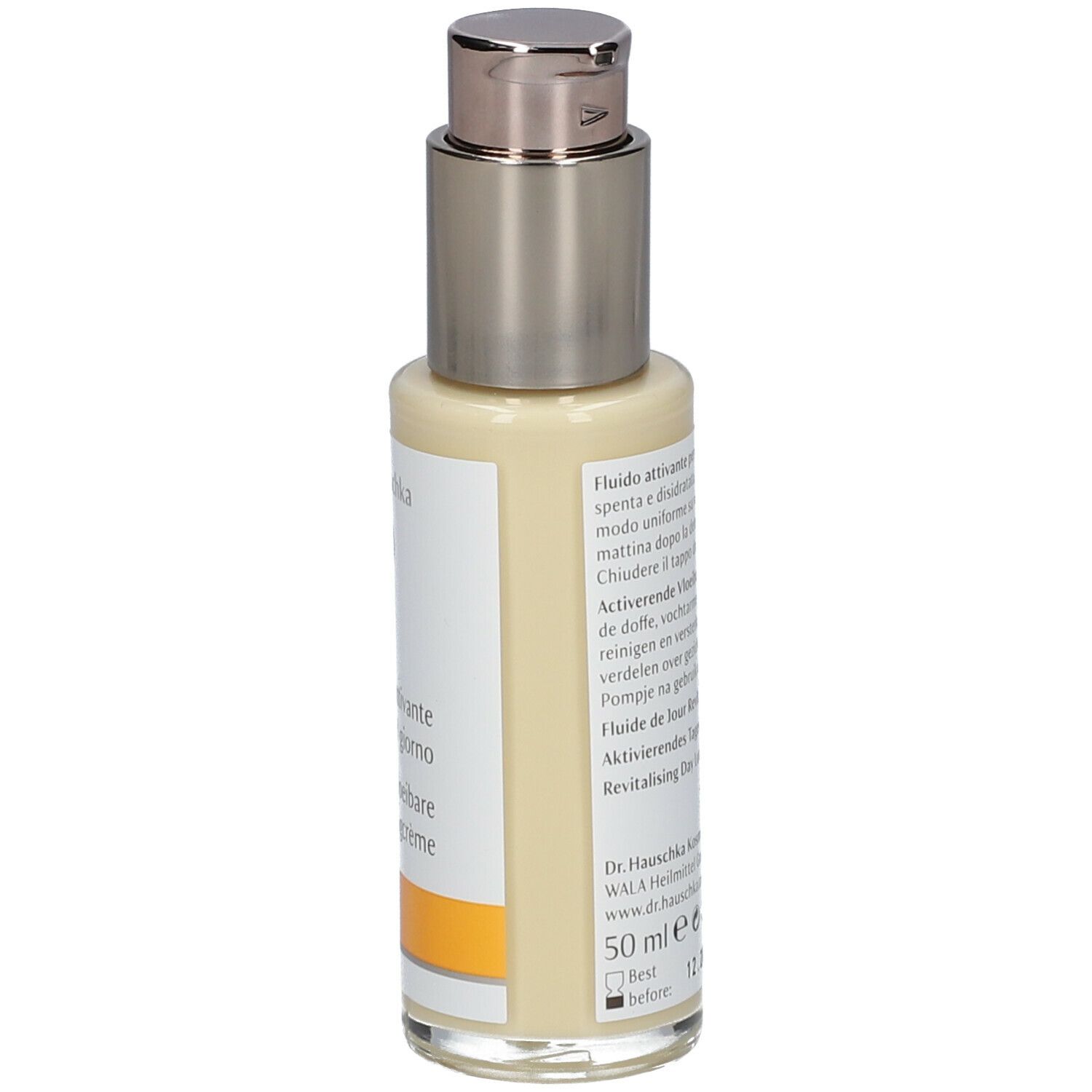 Retro del flacone con testo. Scritta: Dr. Hauschka, Fluido attivante per il giorno, Activerende Vloeibare Dagcrème, 50 ml.