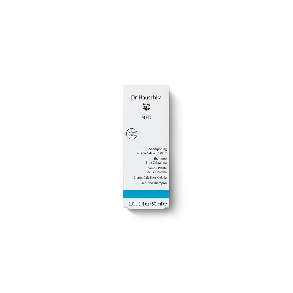 Confezione di cartone. Scritta: Dr. Hauschka, MED, Shampoo à la Ficoïde à Cristaux, 30 ml.