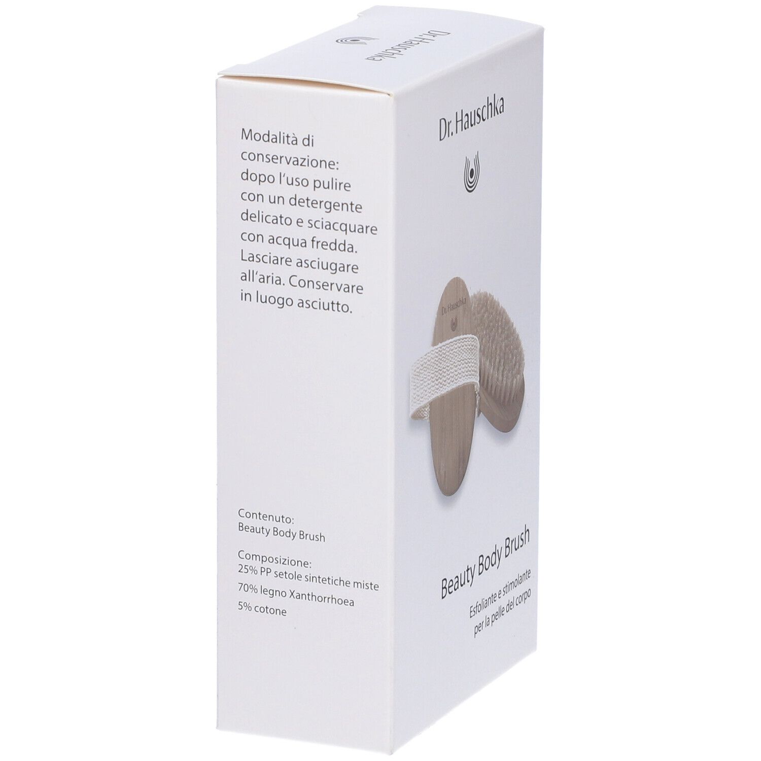 Vista laterale della confezione Dr. Hauschka Beauty Body Brush. Testo: Ingredienti, istruzioni per la cura, composizione.