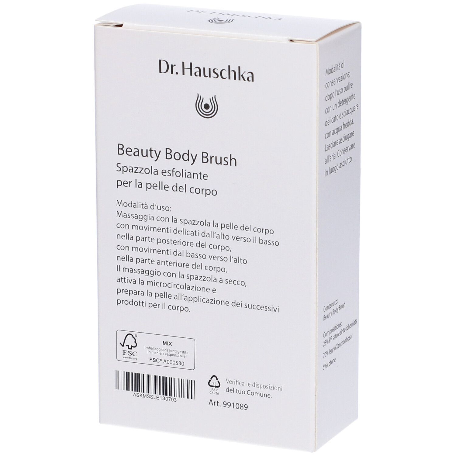 Retro della confezione Dr. Hauschka Beauty Body Brush. Testo: Uso, logo FSC, Art. 991089.