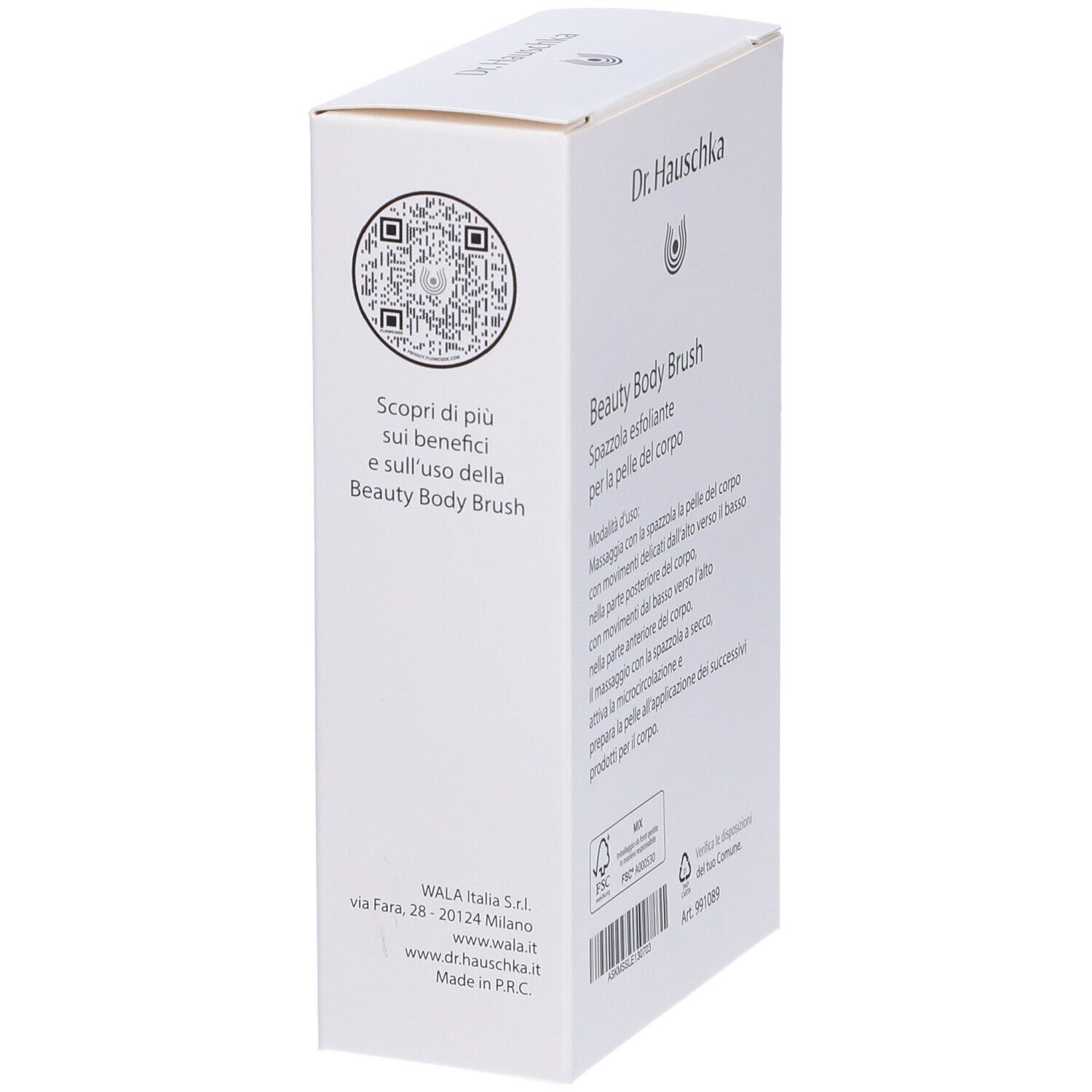 Vista laterale della confezione Dr. Hauschka Beauty Body Brush. Testo: Codice QR, indirizzo del produttore, logo FSC.