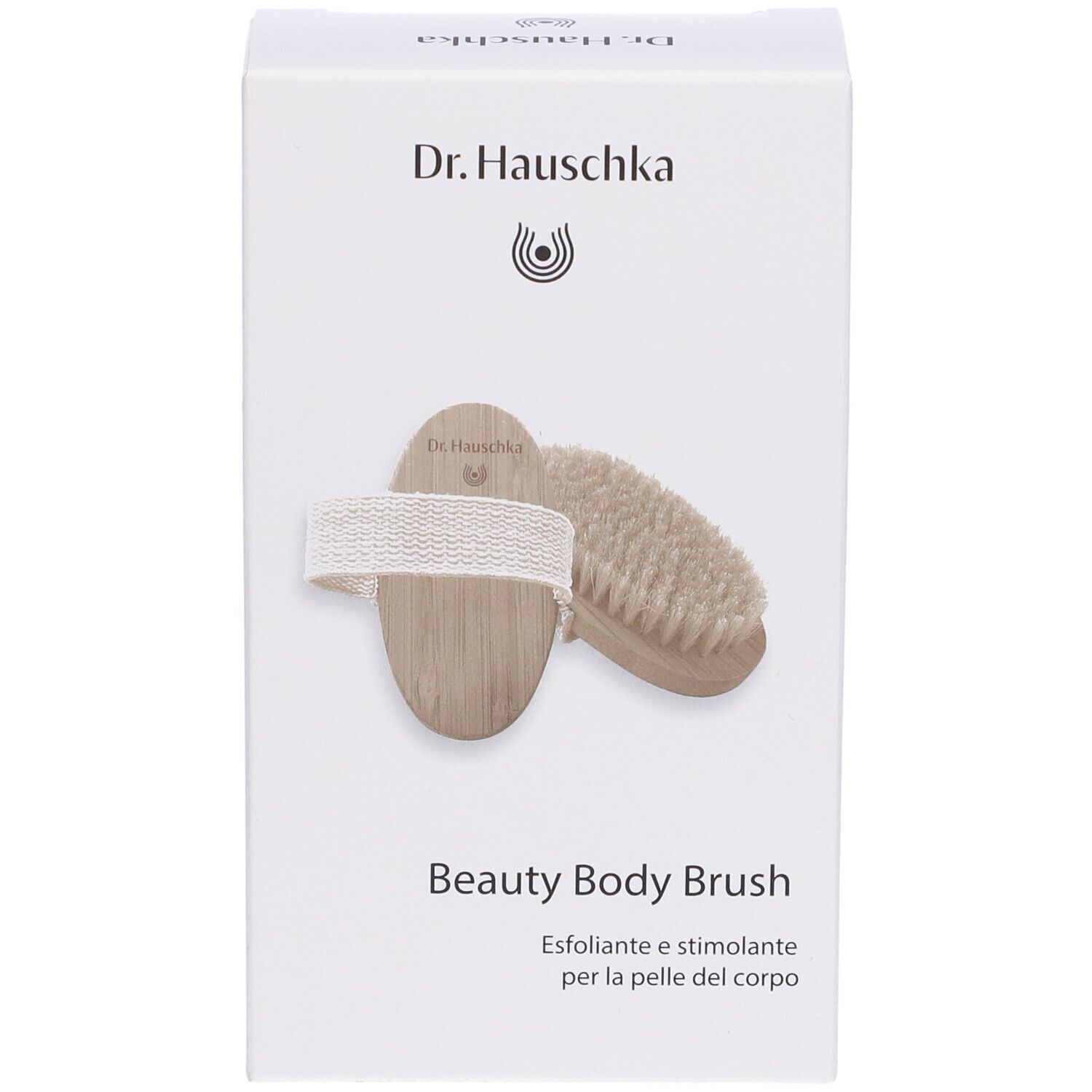 Vista frontale della confezione della Dr. Hauschka Beauty Body Brush. Immagine della spazzola.