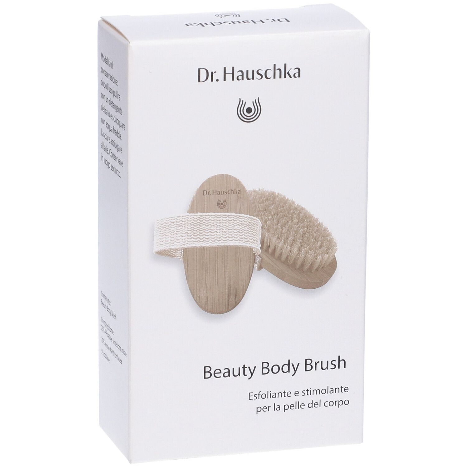 Confezione con Dr. Hauschka Beauty Body Brush. Scritto: Beauty Body Brush, Esfoliante e stimolante per la pelle del corpo.