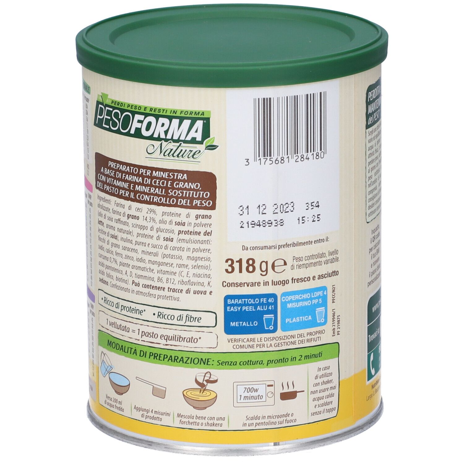 Lattina Pesoforma Nature. Testo sulla preparazione. Lista ingredienti. Scadenza: 31.12.2023. 318g.