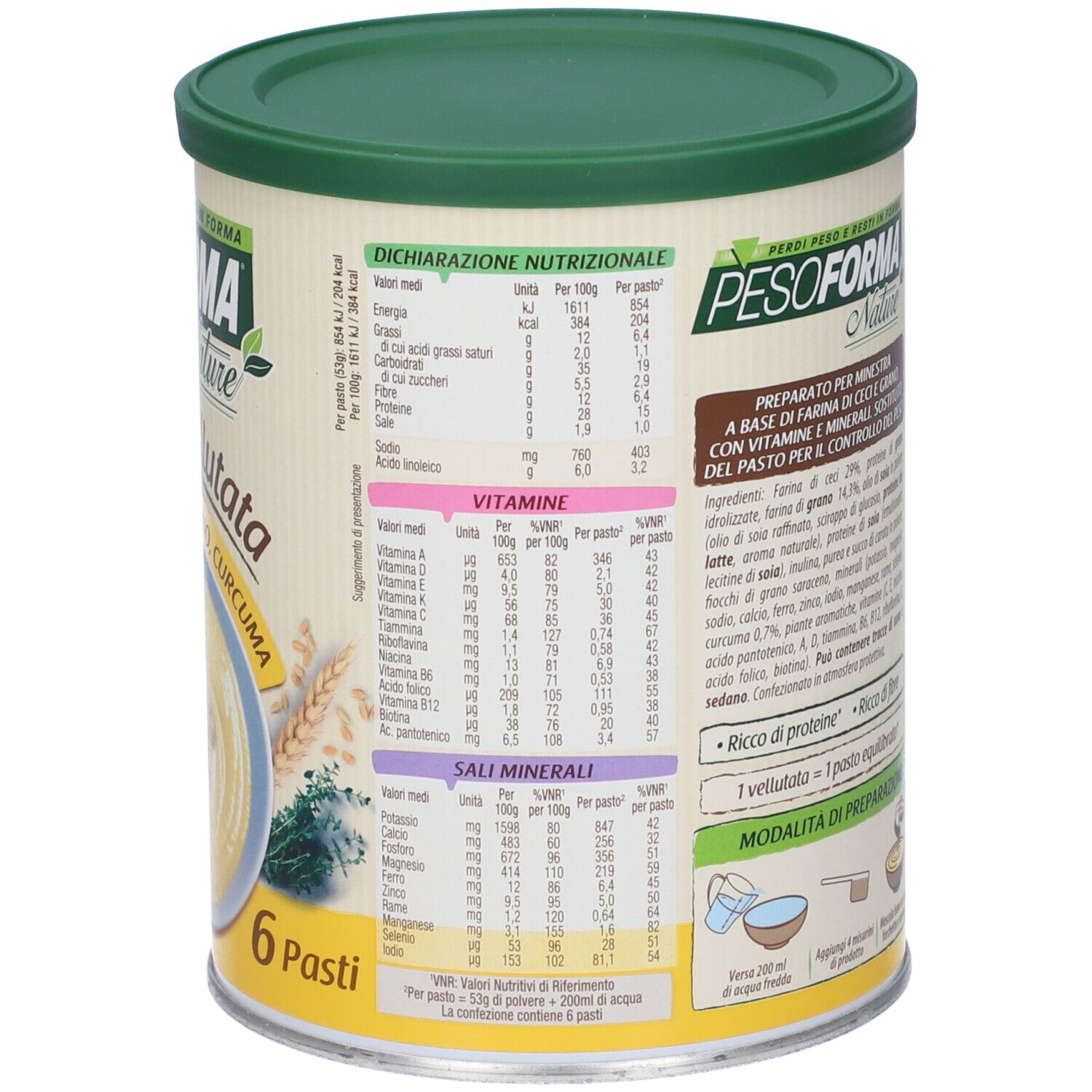 Retro della lattina Pesoforma Nature. Informazioni nutrizionali e lista ingredienti. Coperchio verde.