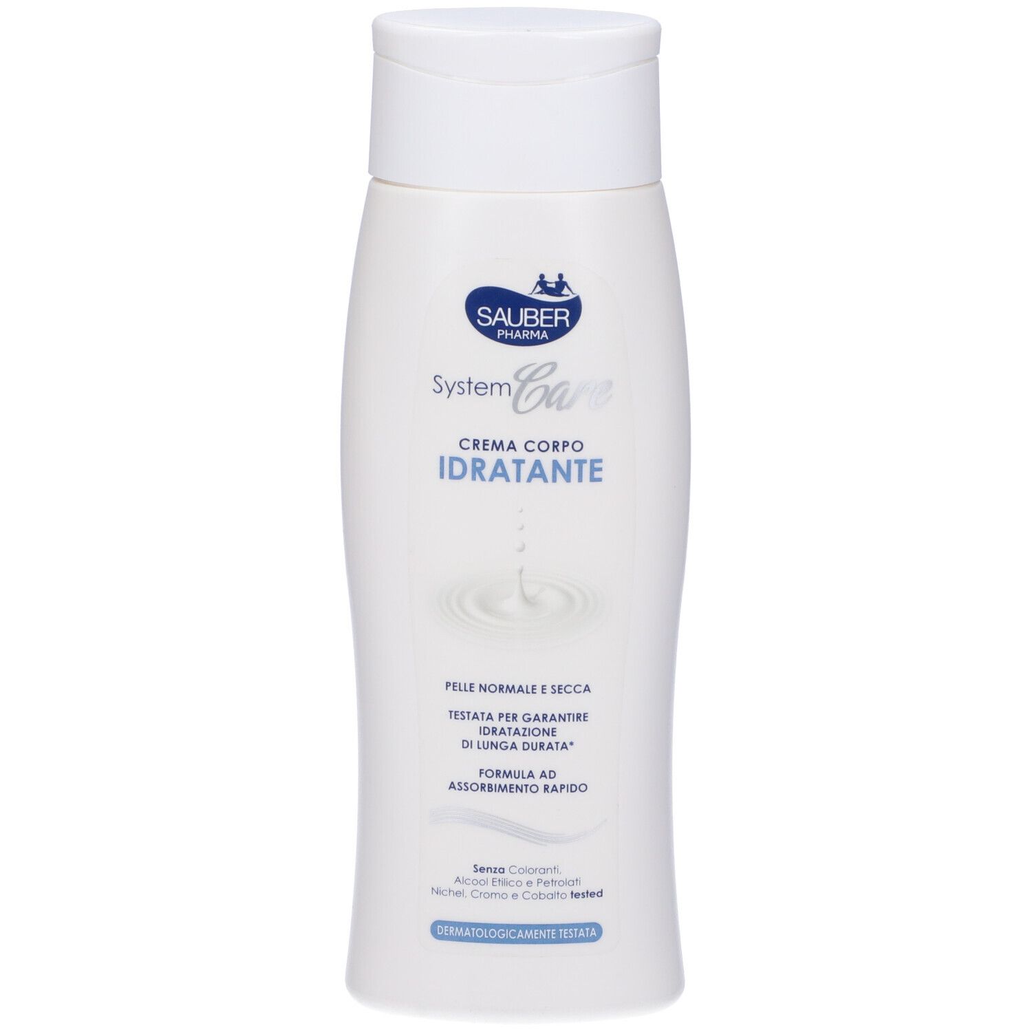 Flacone bianco con tappo a ribalta. Scritta: Sauber Pharma, System Care, Crema Corpo Idratante. Per pelli normali e secche.