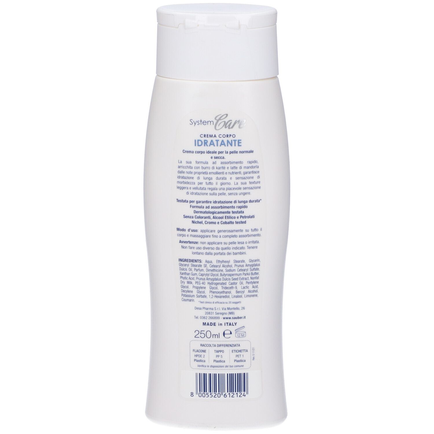 Retro di un flacone bianco con tappo a ribalta. Scritta: Sauber Pharma, System Care, Crema Corpo. Ingredienti e informazioni produttore.