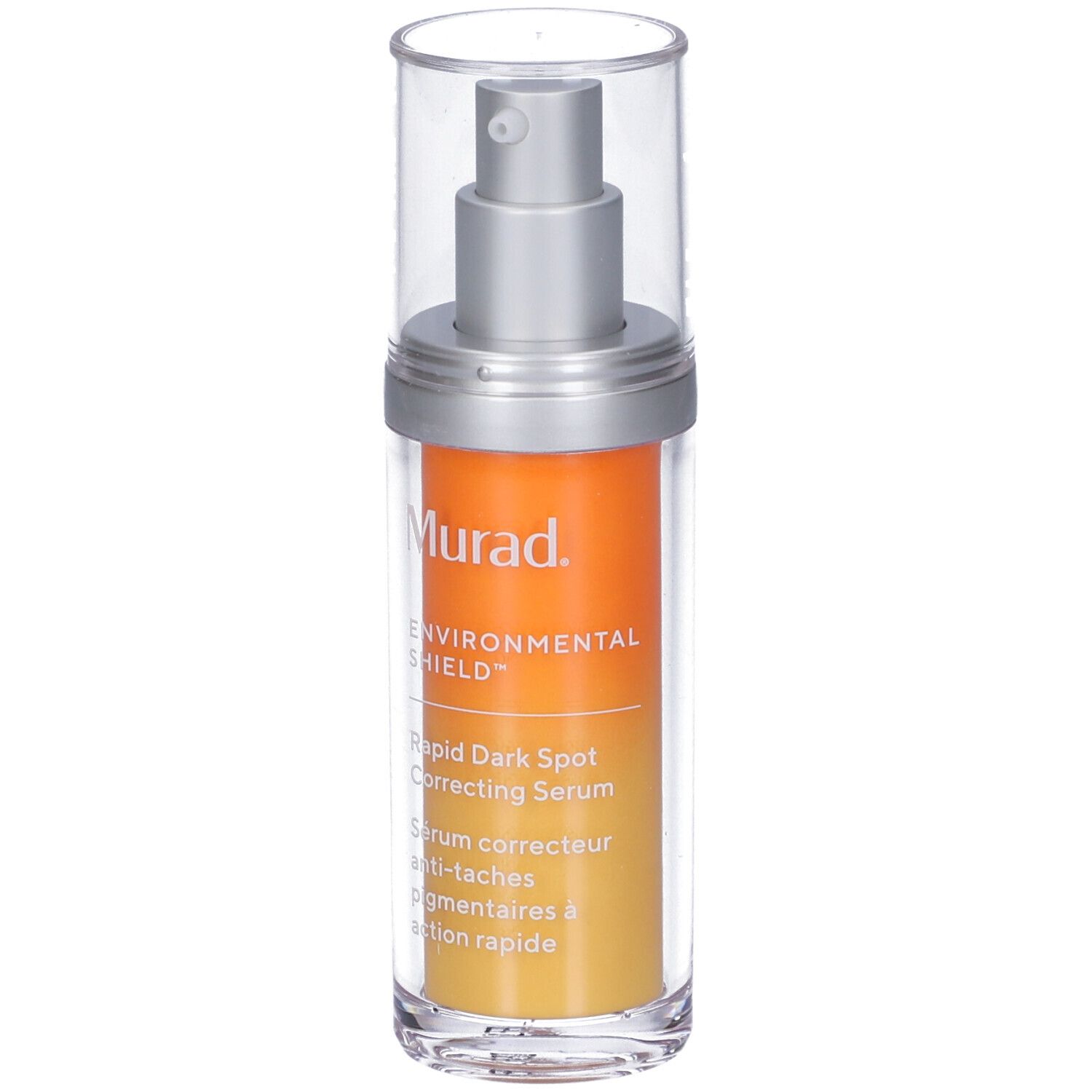 Flacone di siero con erogatore a spruzzo. Etichetta arancione con testo: Murad, Rapid Dark Spot Correcting Serum.