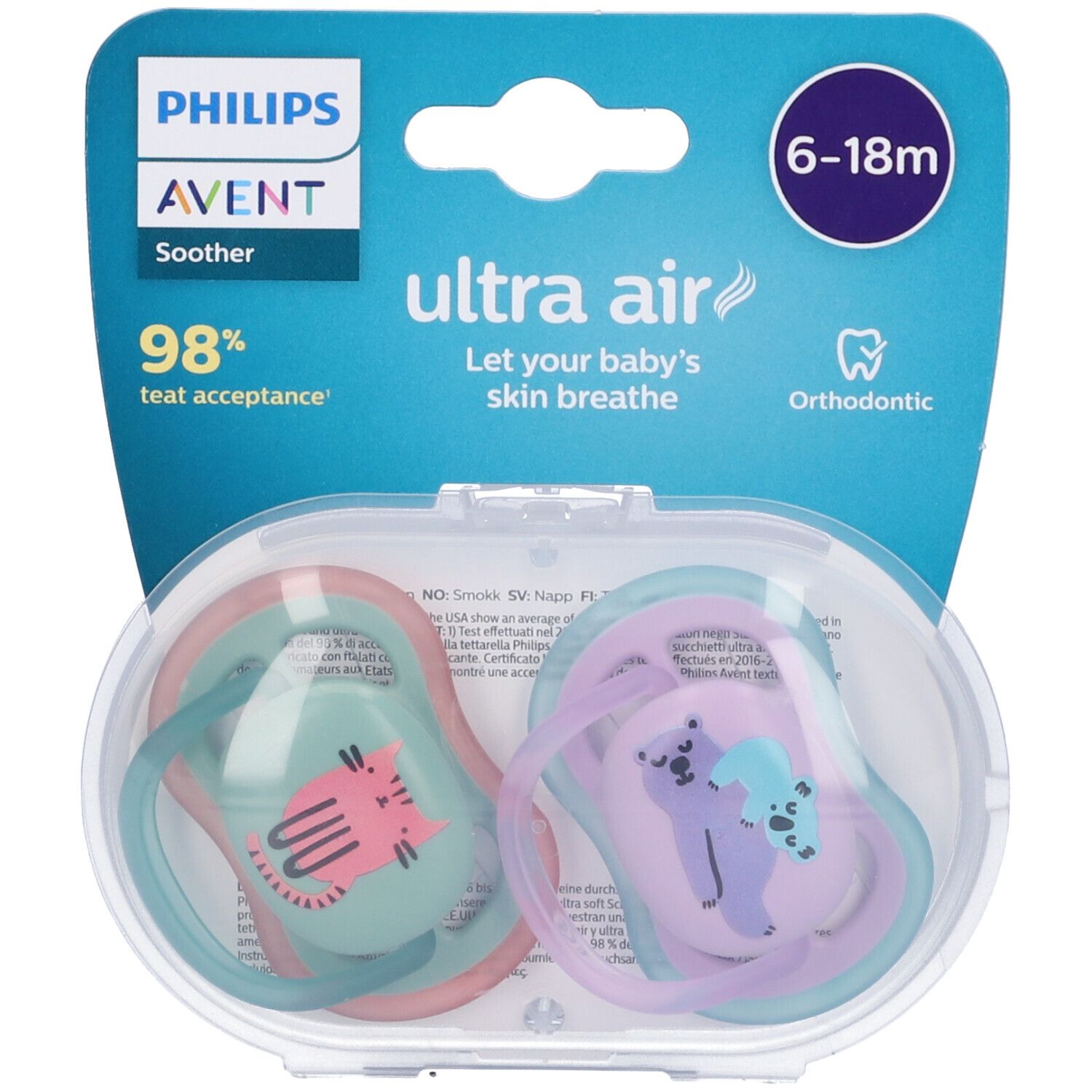 Avent Succhietto Ultra Air 6-18M Femmina Gatto/Orsetti 2 Pezzi