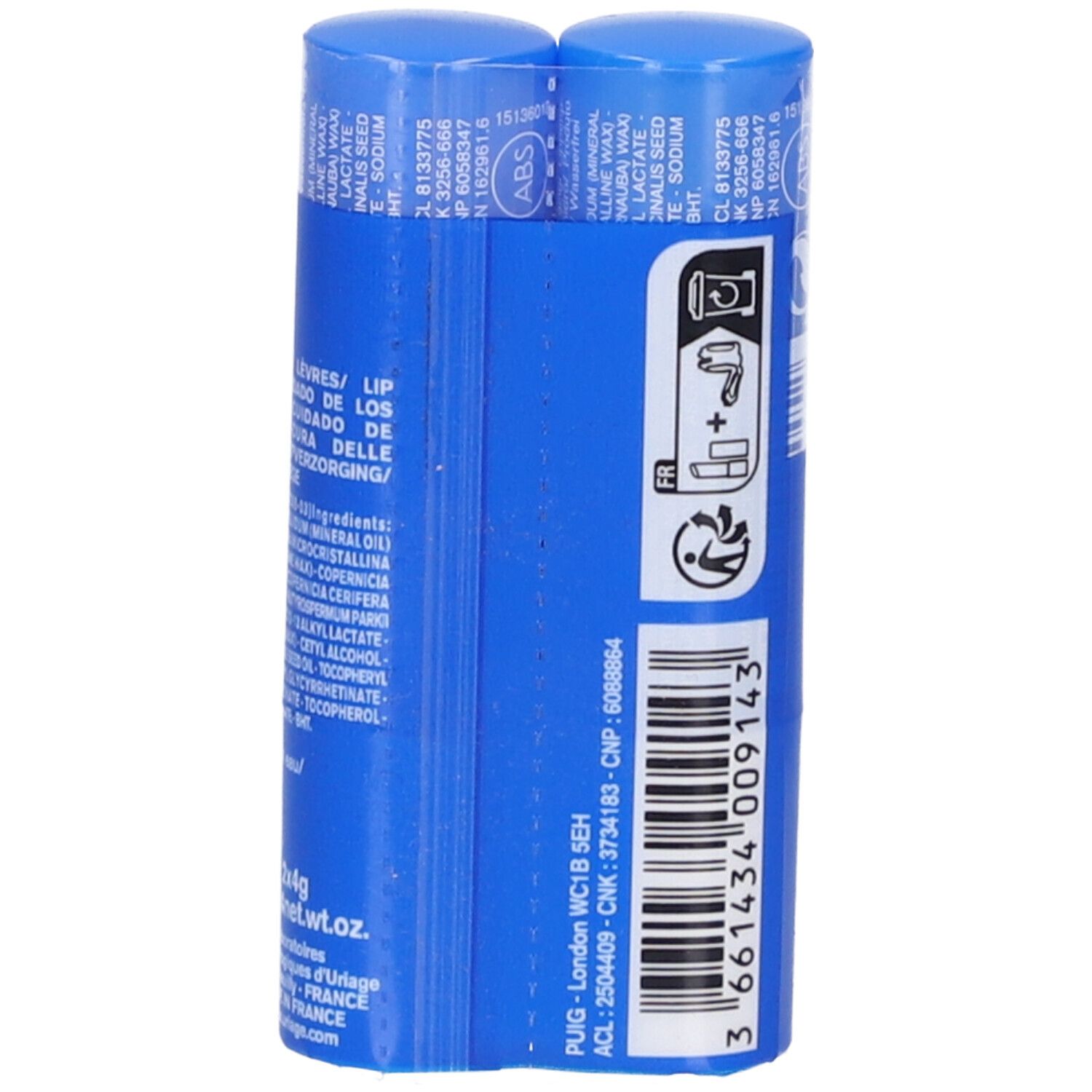 Due stick labbra blu. Retro con ingredienti, informazioni e codice a barre. Scritta: Uriage Xémose.