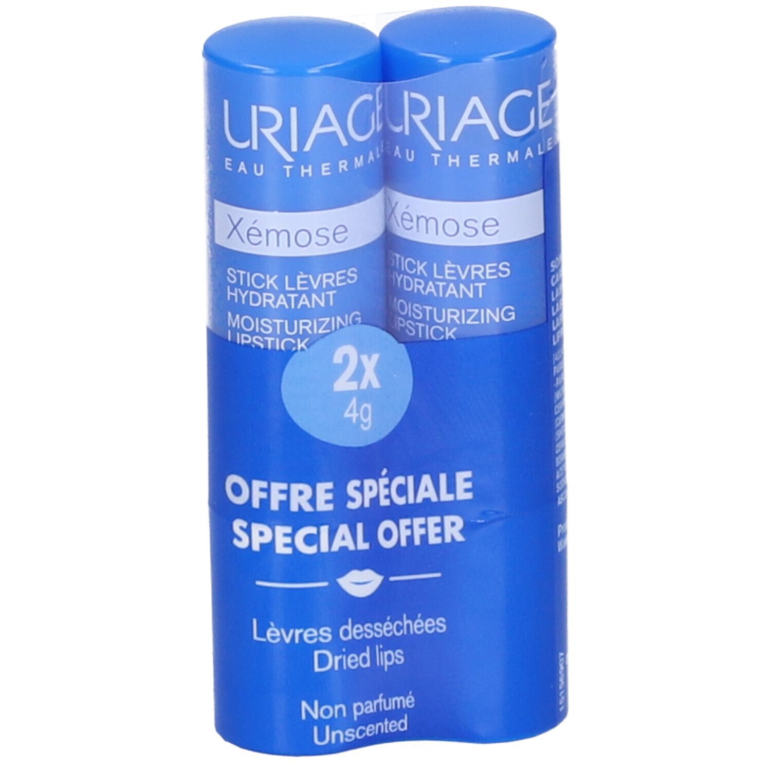 Due stick labbra blu. Scritta: Uriage Xémose, Stick Lèvres Hydratant, 2x4g. Offerta speciale per labbra secche.