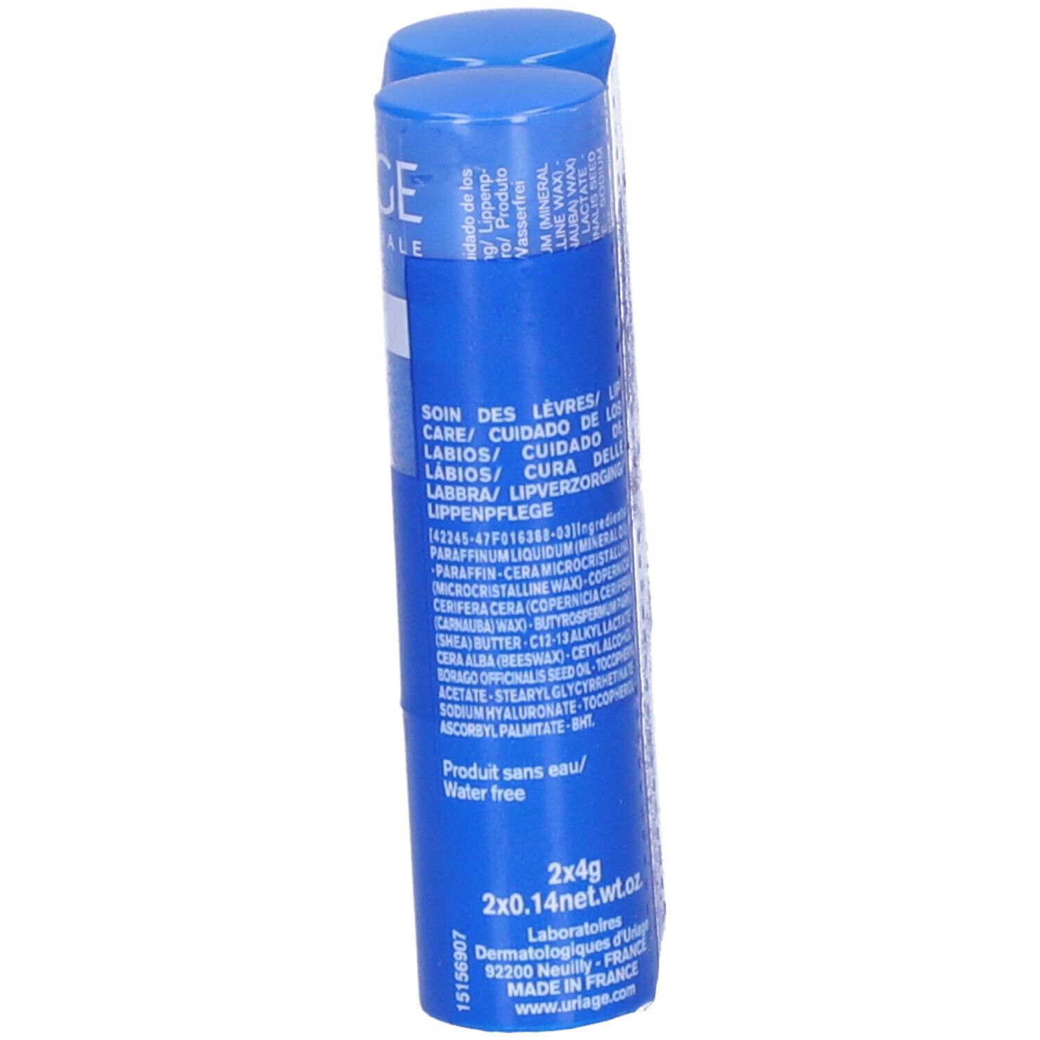 Due stick labbra blu. Scritta: Uriage, Cura delle labbra. Retro con ingredienti e informazioni.
