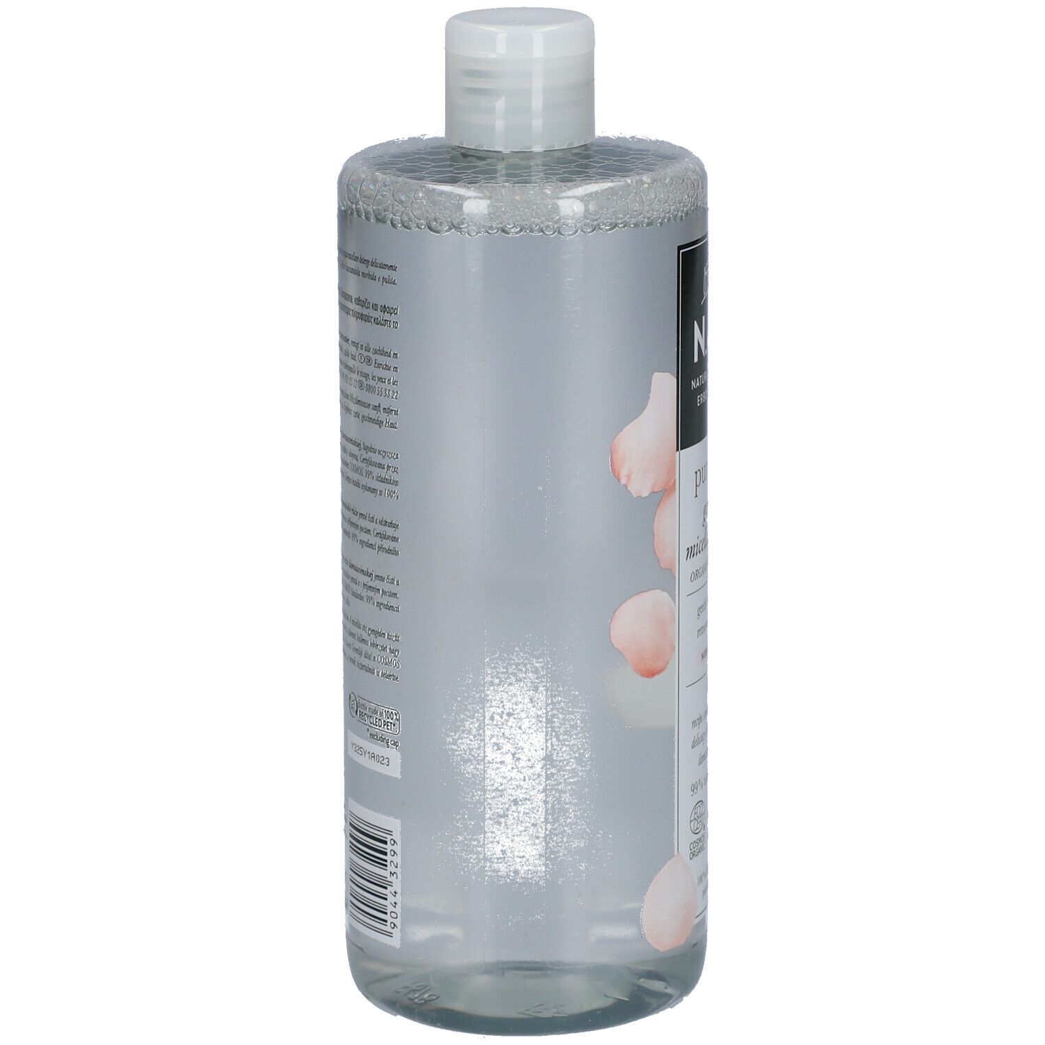 Flacone trasparente con tappo bianco. Etichetta con informazioni sul prodotto. Codice a barre sul lato.