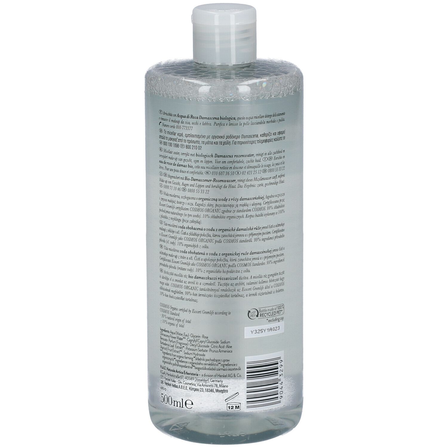 Retro di un flacone trasparente. Informazioni testuali sull'etichetta. Codice a barre e simbolo di riciclaggio.